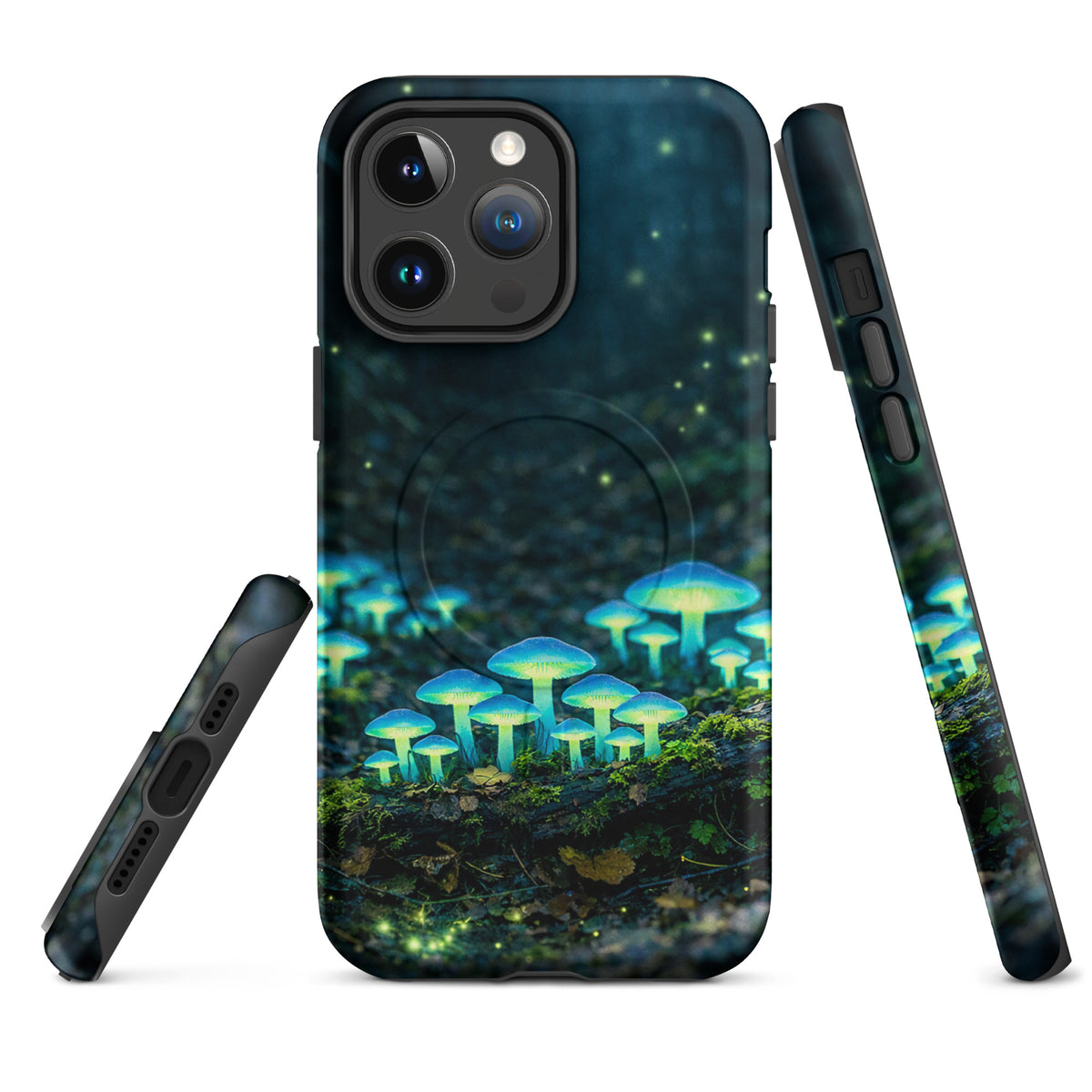 Magnetic Phone Case with bioluminescent forest mushrooms, glowing ethereal blue-green for iPhone.