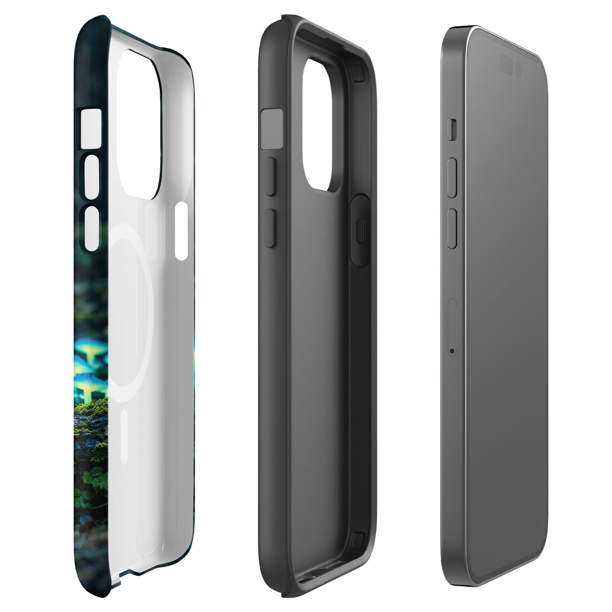 Magnetic Phone Case featuring glowing bioluminescent mushrooms for iPhone, showcasing ethereal blue-green forest design.