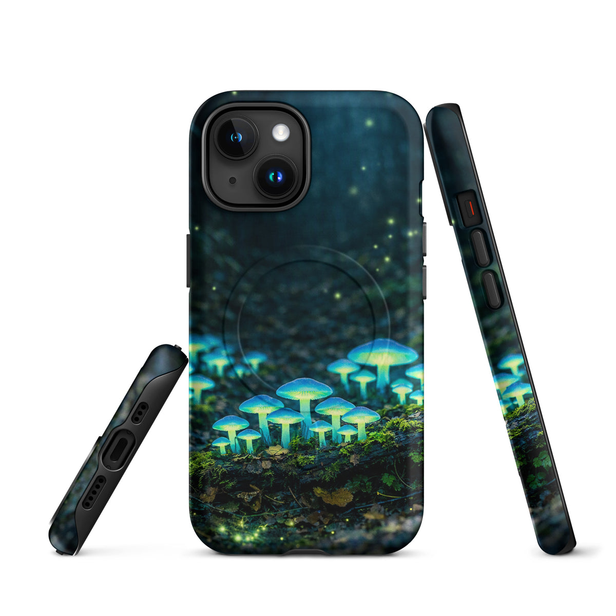 Magnetic Phone Case featuring bioluminescent forest mushrooms with ethereal blue-green glow on iPhone.