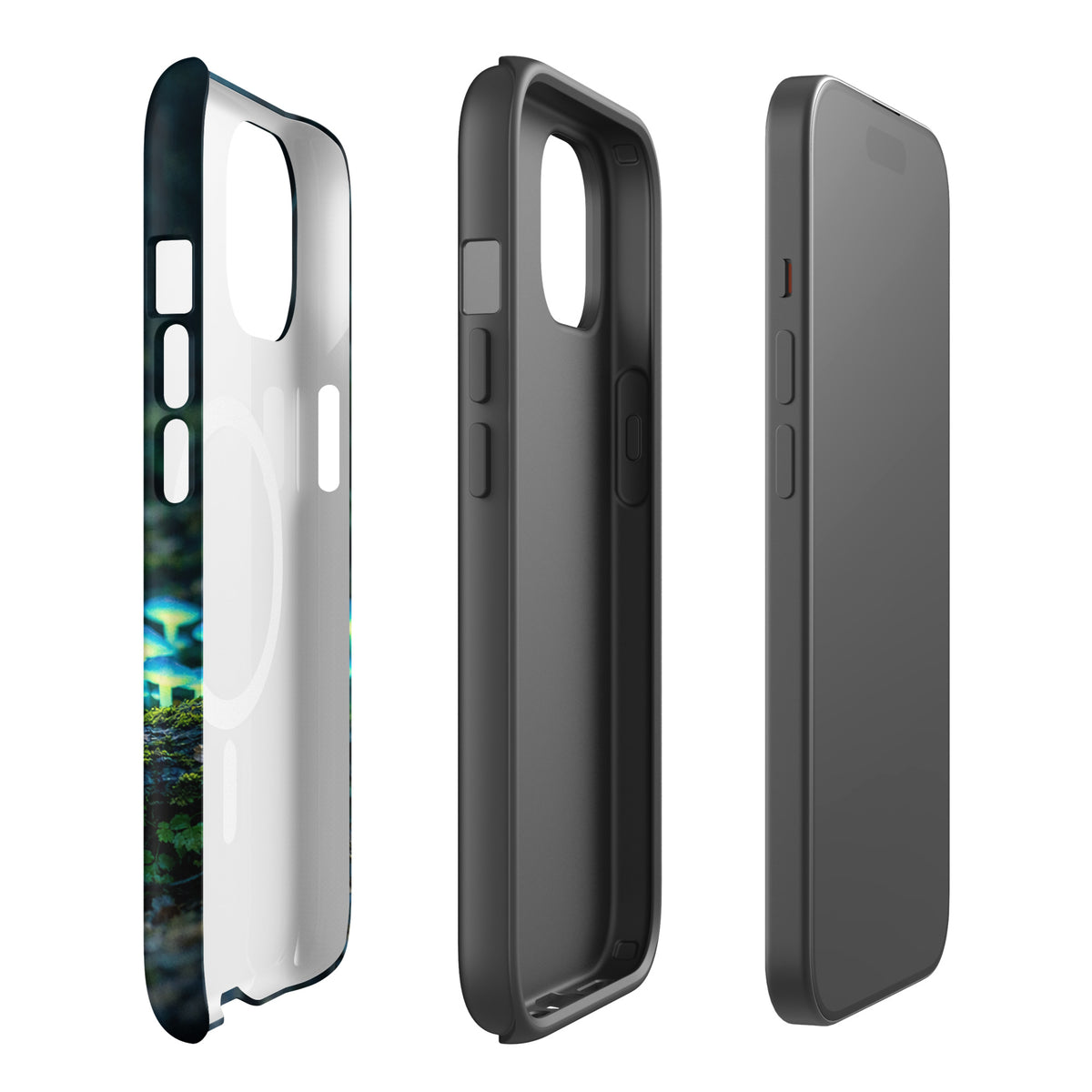 Magnetic Phone Case featuring glowing bioluminescent mushrooms in a mystical forest design for iPhone.