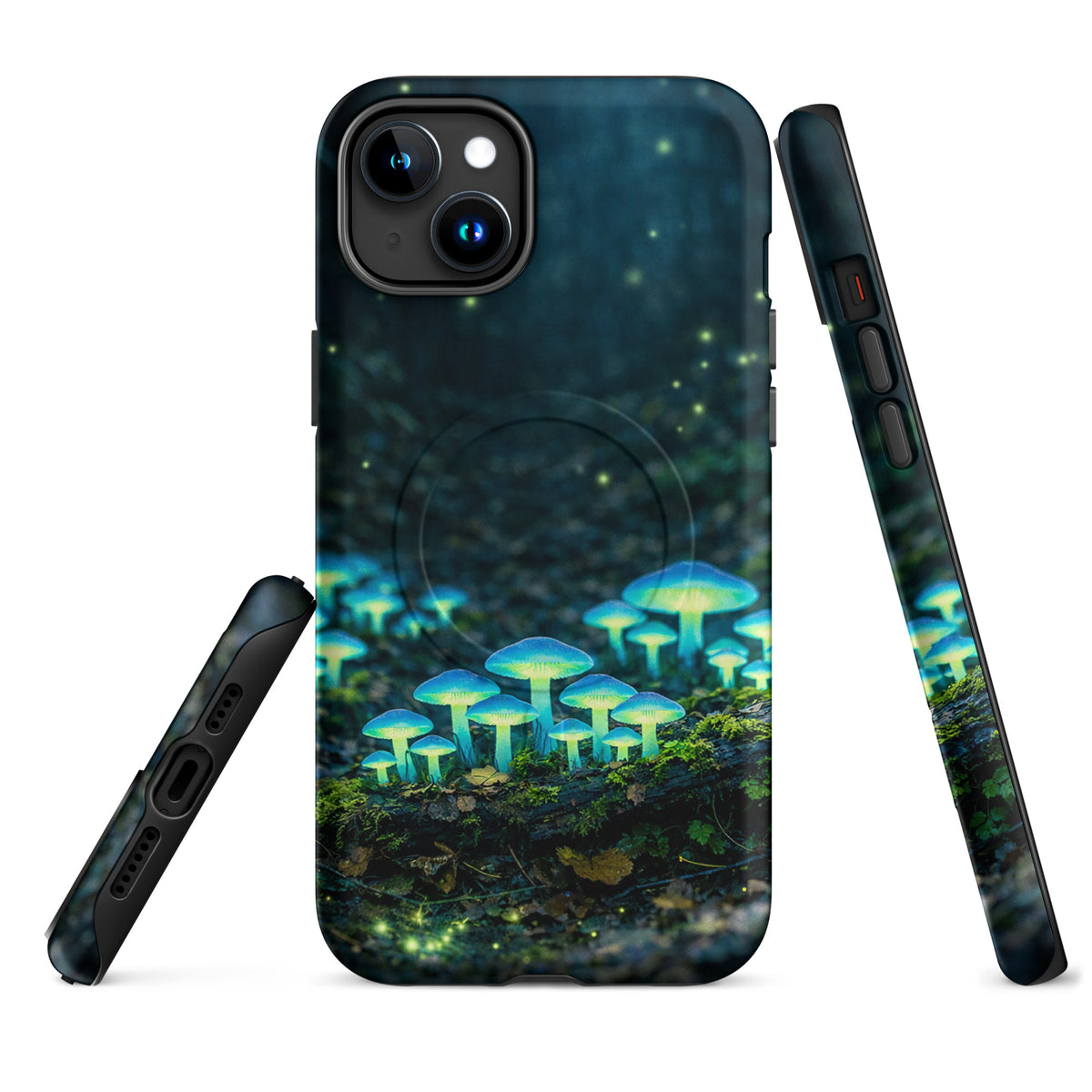 Magnetic Phone Case with glowing bioluminescent forest mushrooms for iPhone, ethereal blue-green design.