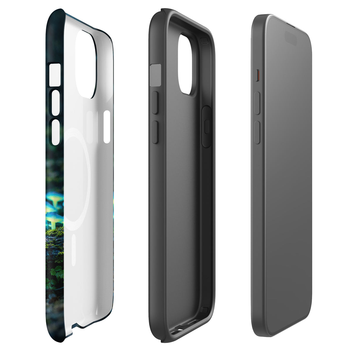 Magnetic Phone Case for iPhone featuring bioluminescent forest mushrooms with ethereal blue-green glow