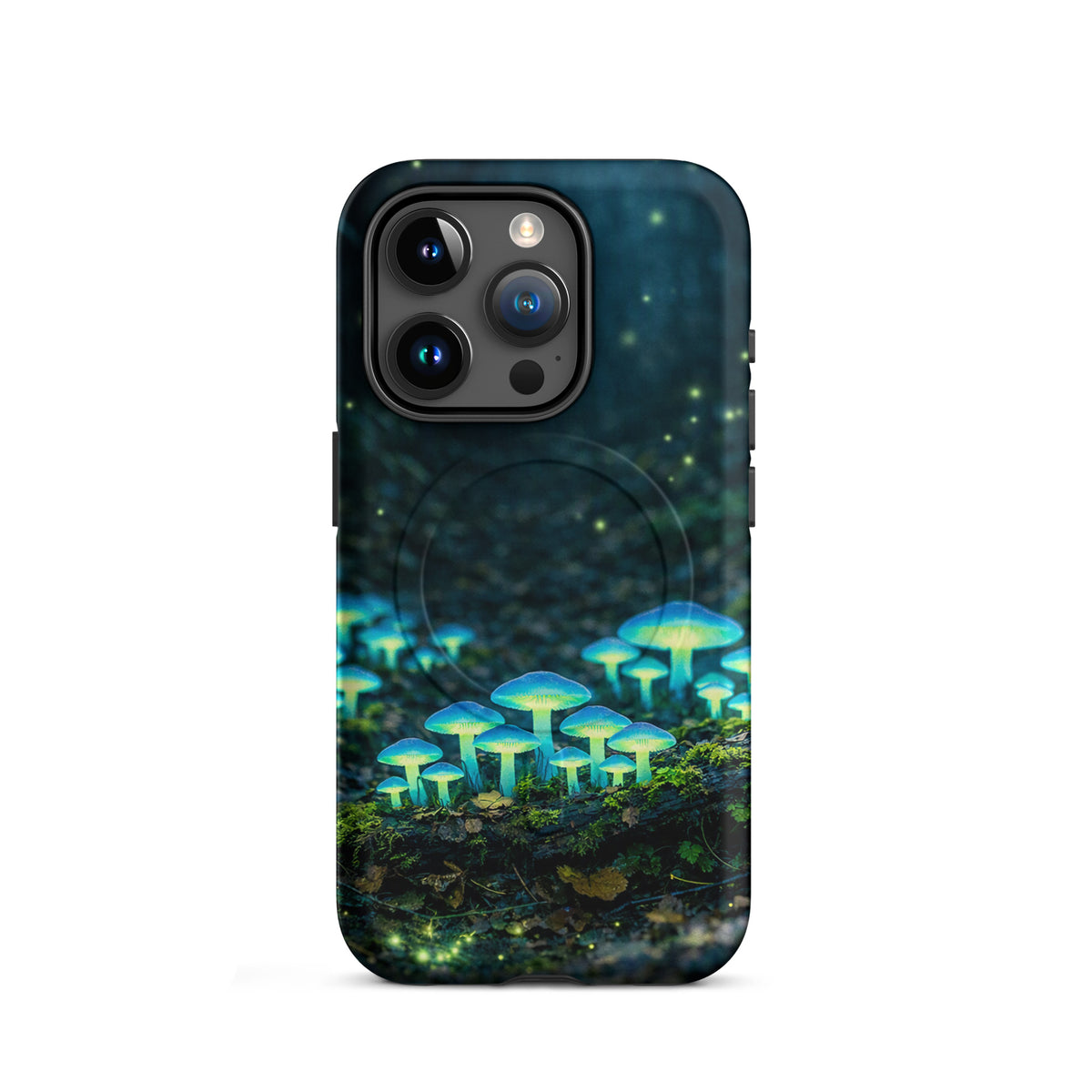 Magnetic Phone Case featuring bioluminescent mushrooms in a forest scene, glowing blue-green on iPhone.