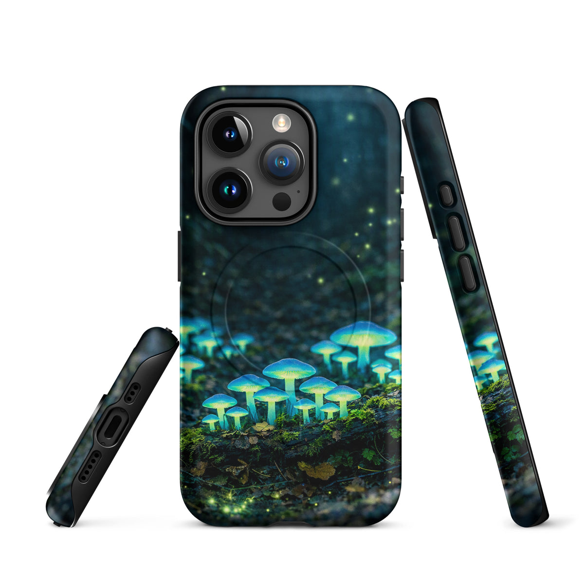 Magnetic Phone Case featuring bioluminescent forest mushrooms with an ethereal glow, perfect for iPhone protection and style.