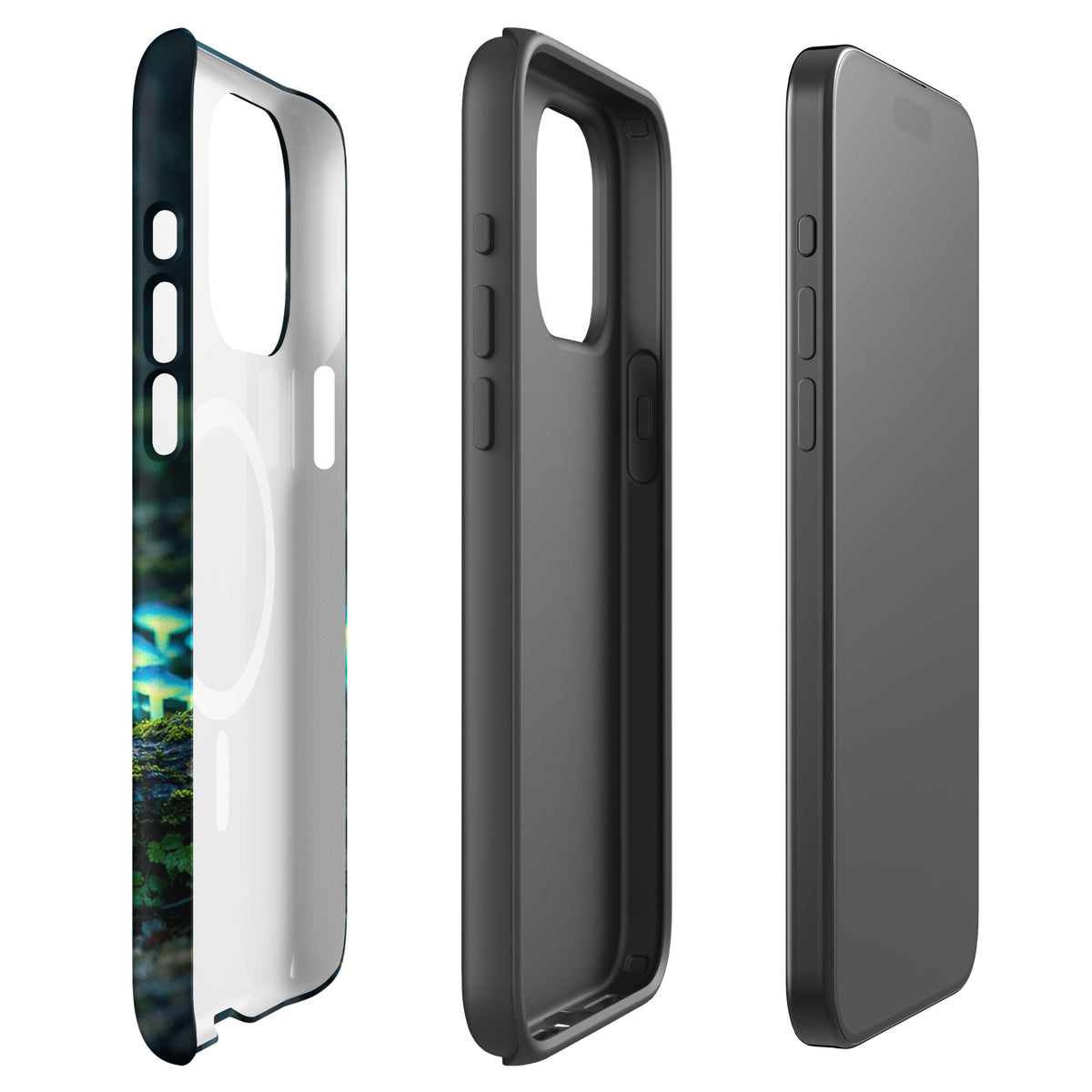 Magnetic Phone Case for iPhone featuring a bioluminescent forest mushroom design, showcasing a misty woodland scene with glowing details.