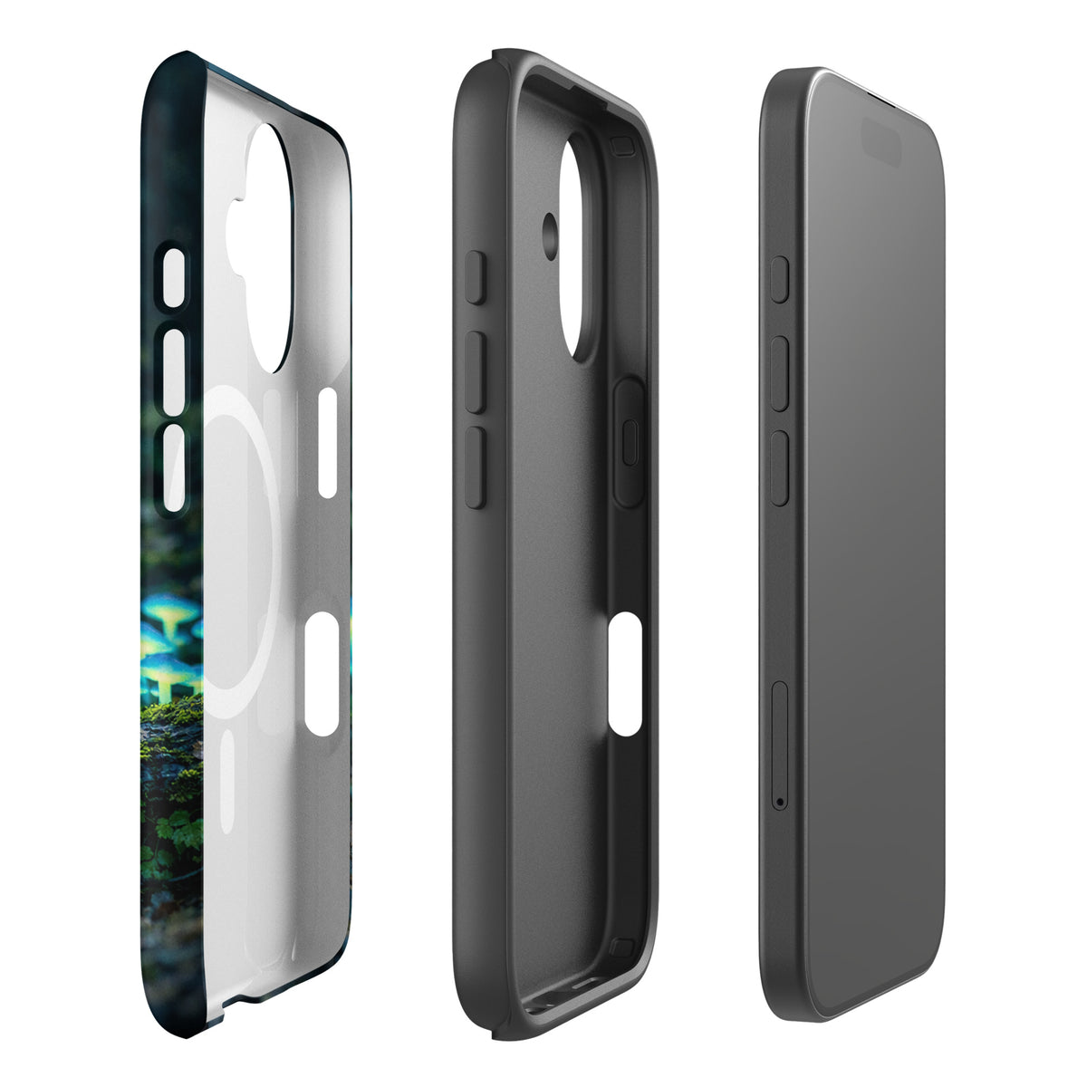 Magnetic Phone Case featuring bioluminescent forest mushrooms design for iPhone, showcasing ethereal blue‑green glow.