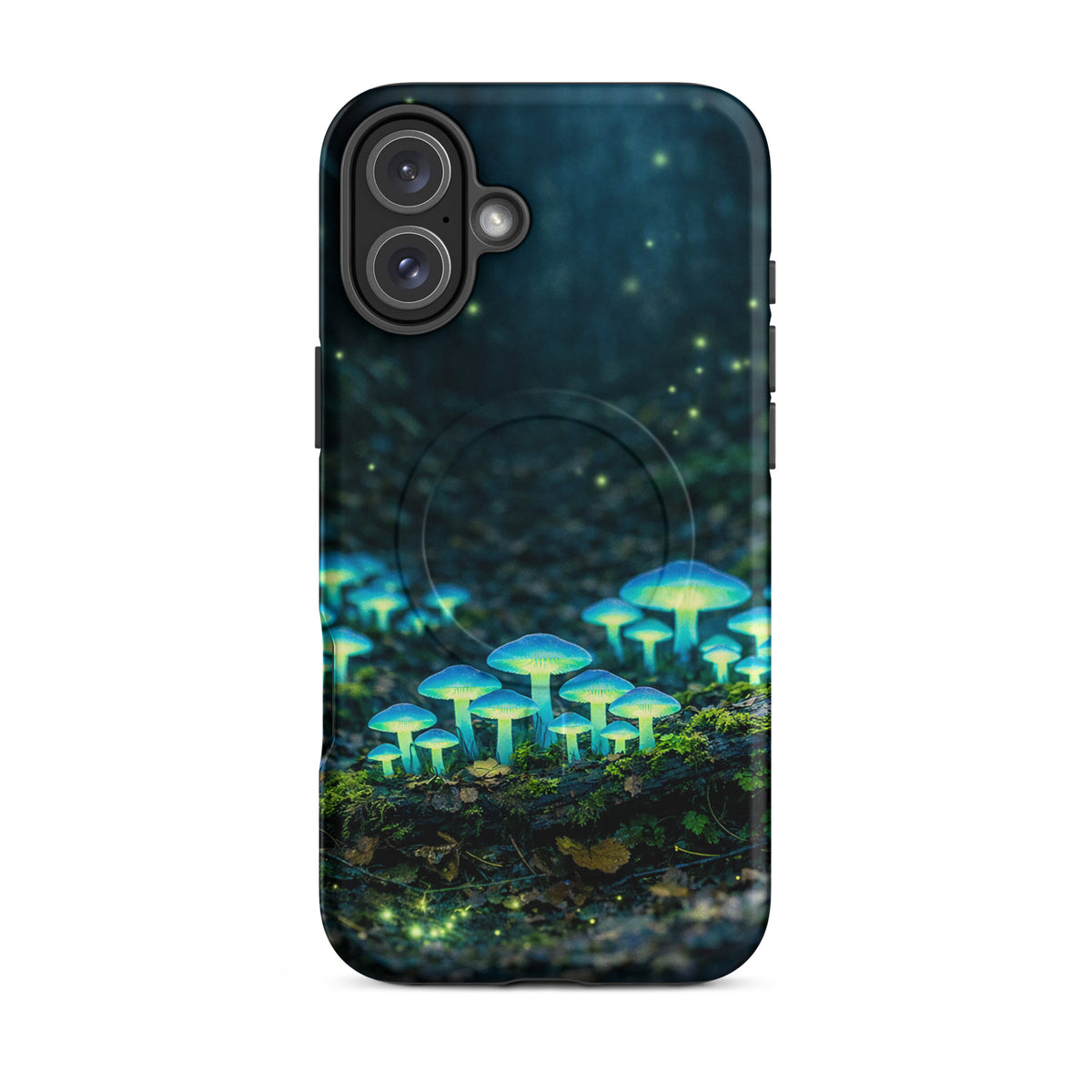 Magnetic Phone Case with glowing bioluminescent mushrooms design for iPhone, featuring a magical forest scene.
