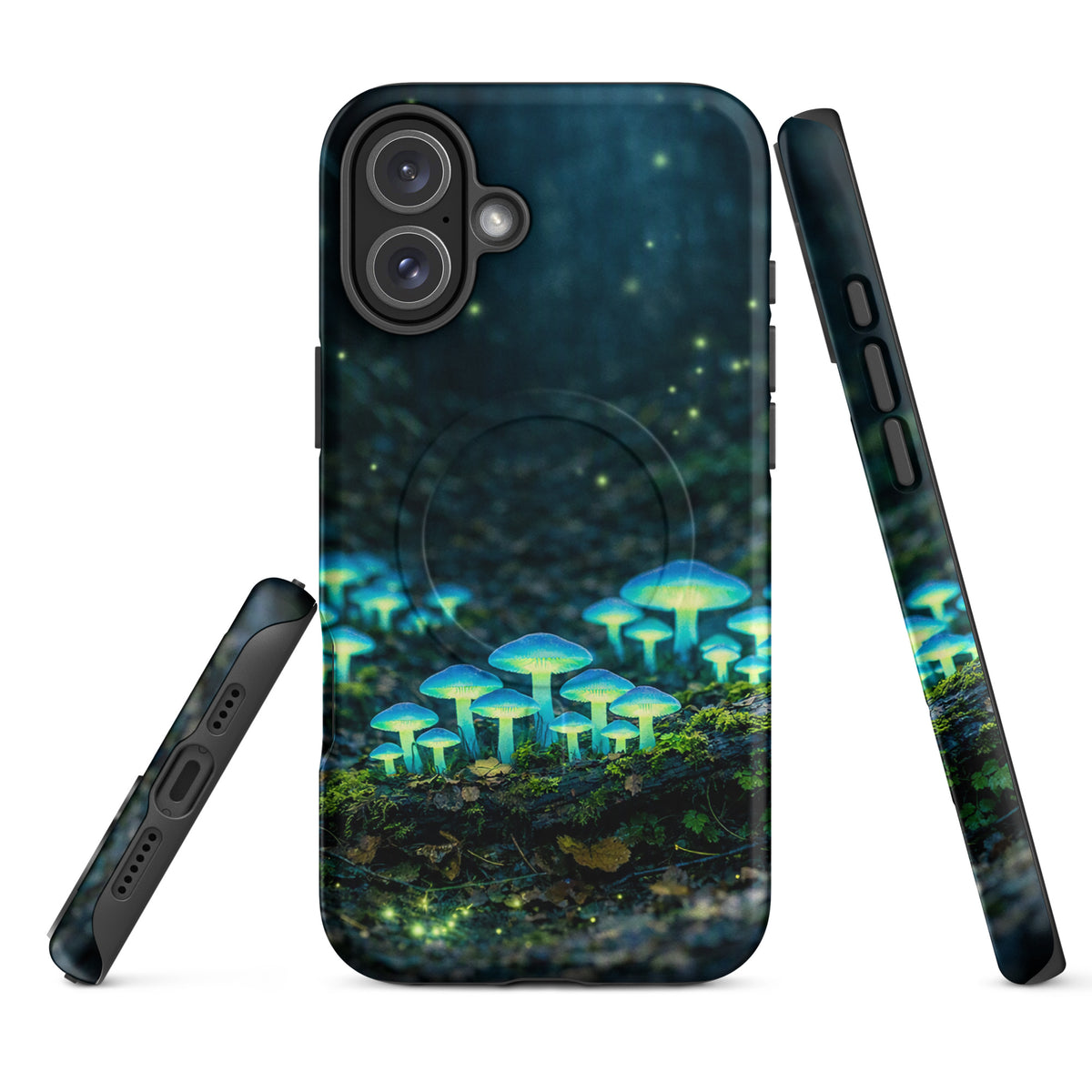Magnetic Phone Case with glowing bioluminescent forest mushrooms design, featuring a mystical blue-green glow