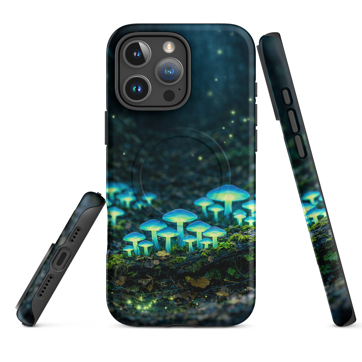 Magnetic Phone Case for iPhone featuring bioluminescent forest mushrooms with an ethereal blue-green glow on a misty woodland scene.