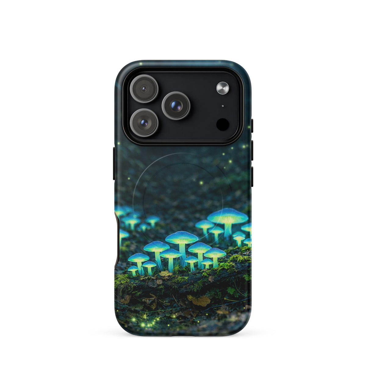 Magnetic Phone Case with glowing bioluminescent forest mushrooms, showcasing ethereal blue-green glow on an iPhone