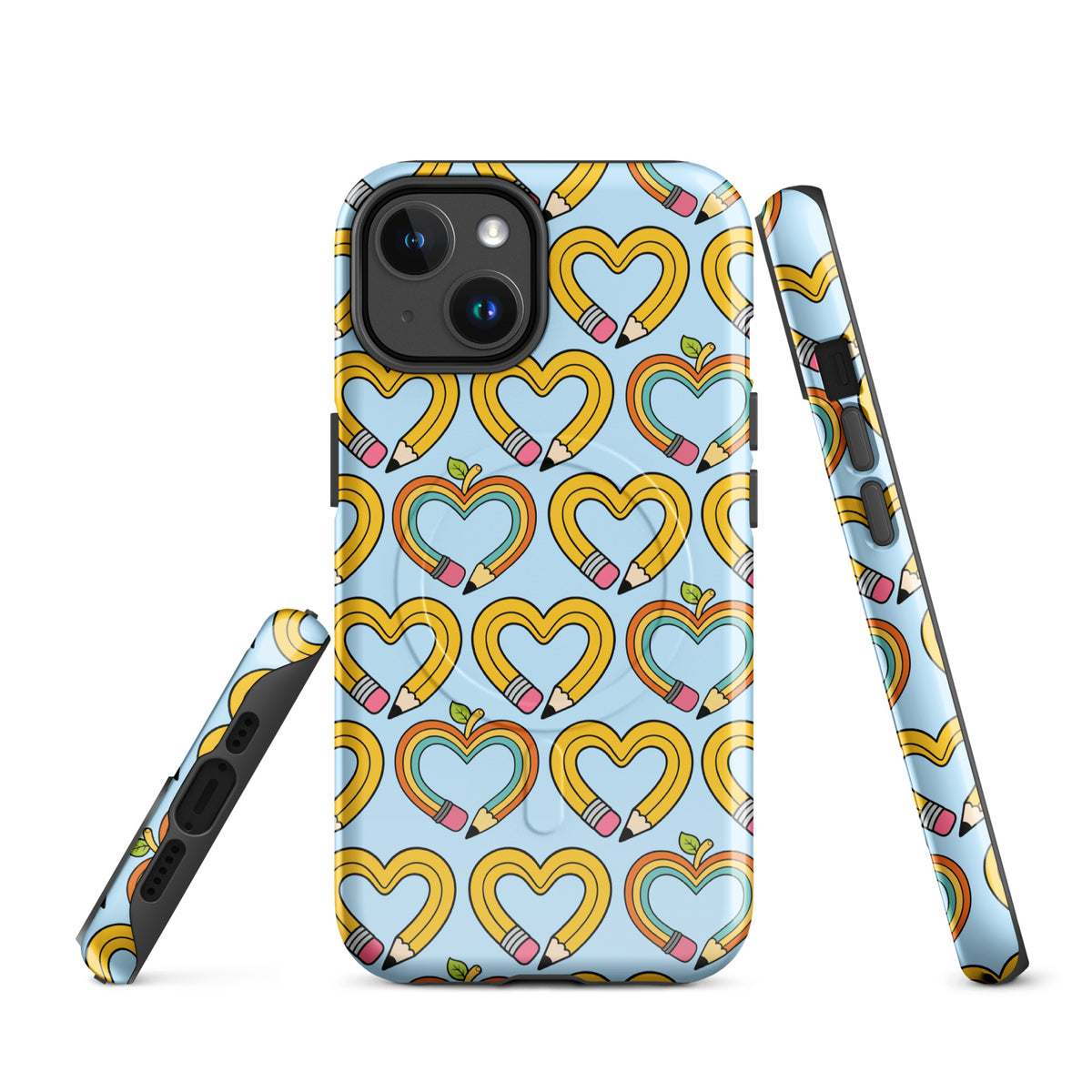 Magnetic Phone Case with playful pencil-heart pattern for iPhone, showcasing creativity and back-to-school charm.