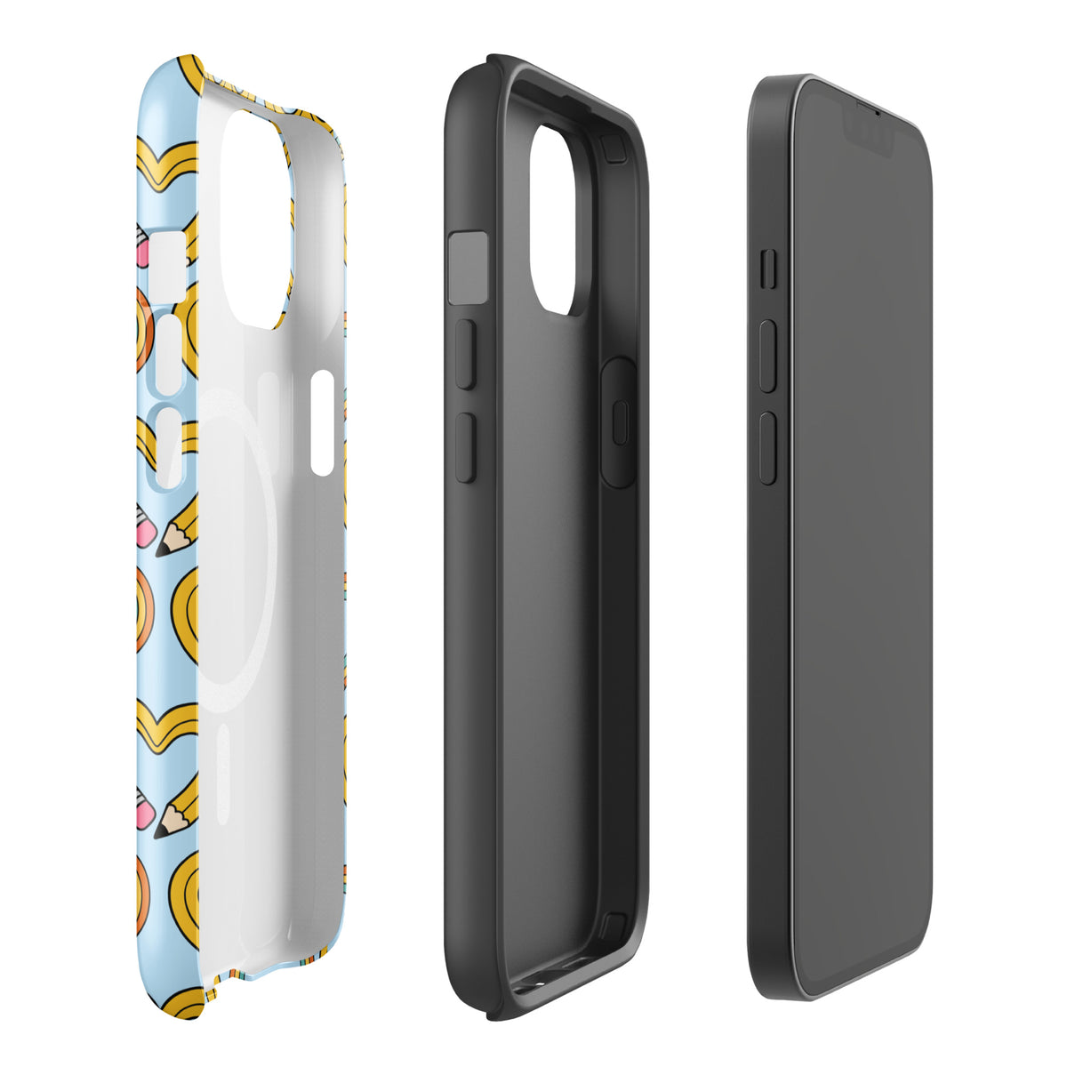 Magnetic Phone Case for iPhone with pencil-heart pattern and symbolic green leaves, showcasing fun and creativity.