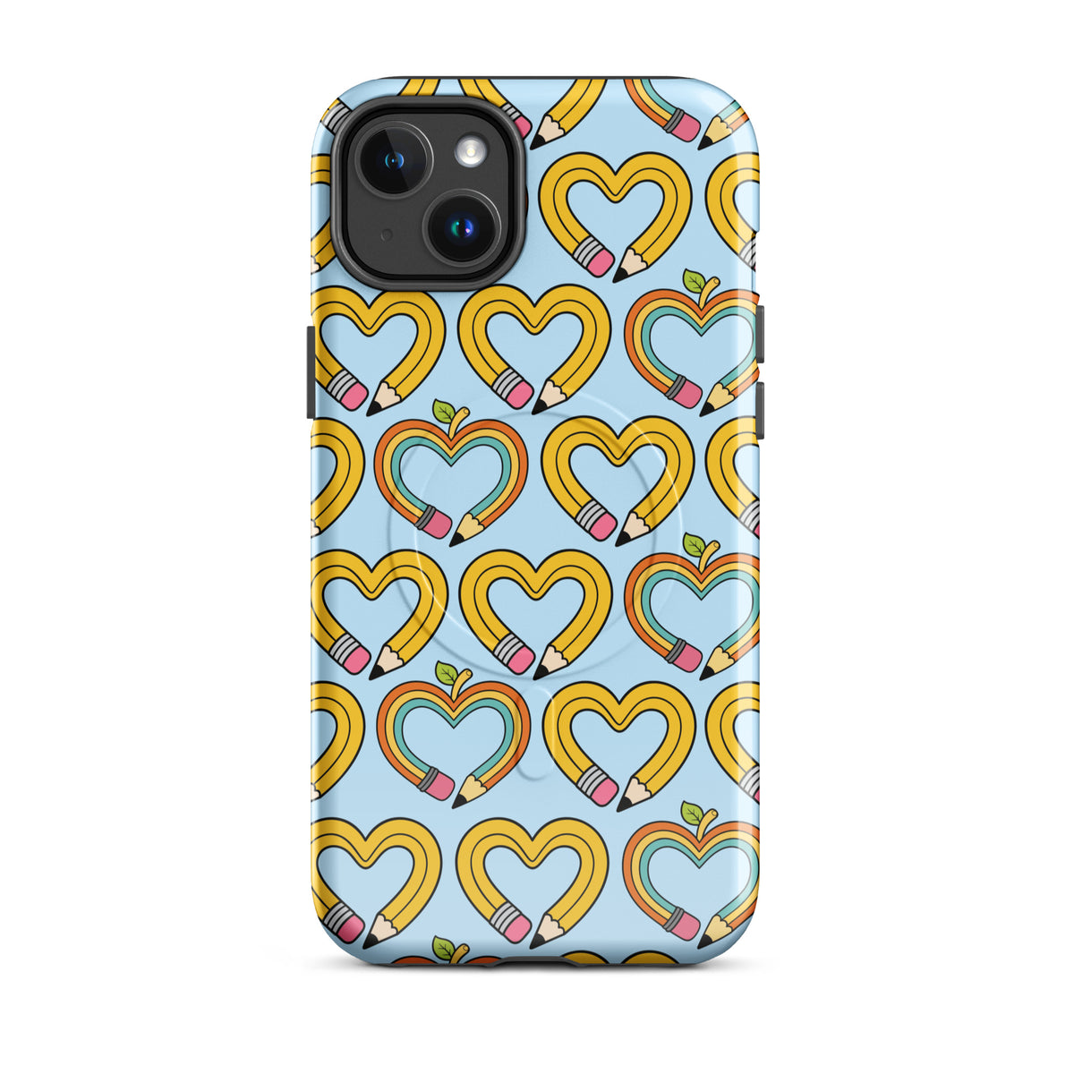 Magnetic Phone Case for iPhone with playful pencil-heart pattern, symbolizing growth and creativity on a blue background