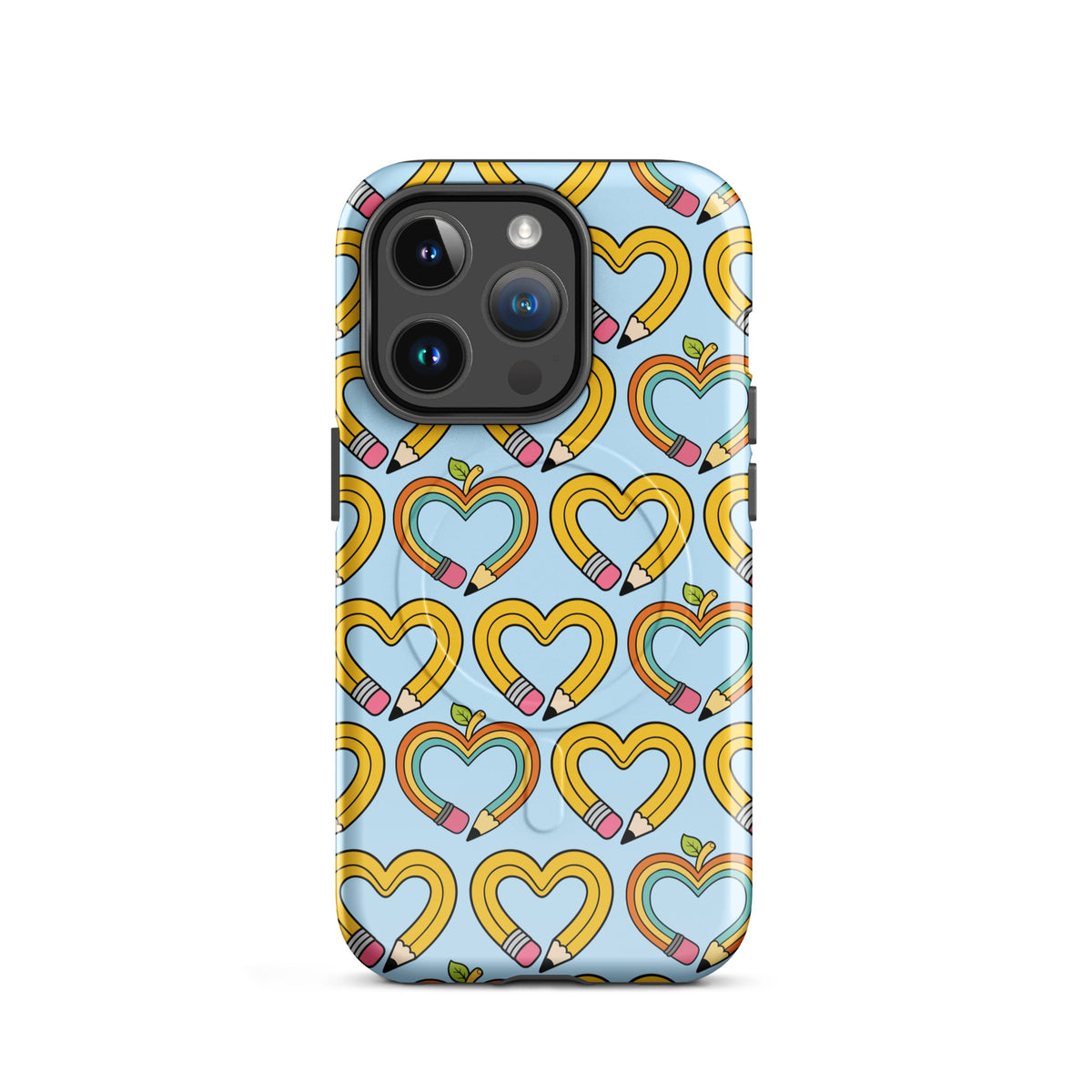 Magnetic Phone Case for iPhone with playful pencil-heart pattern, featuring colorful pencil-shaped hearts and tiny leaves on blue background.