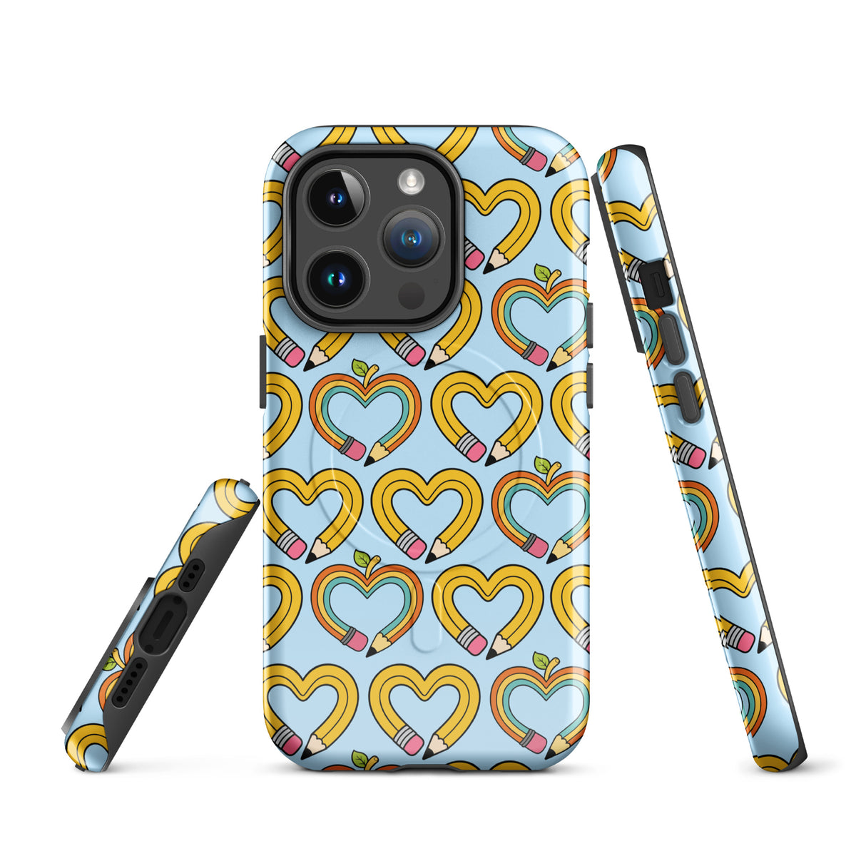 Magnetic Phone Case with playful pencil-heart pattern, featuring pencil-shaped hearts and green leaves on an iPhone case.