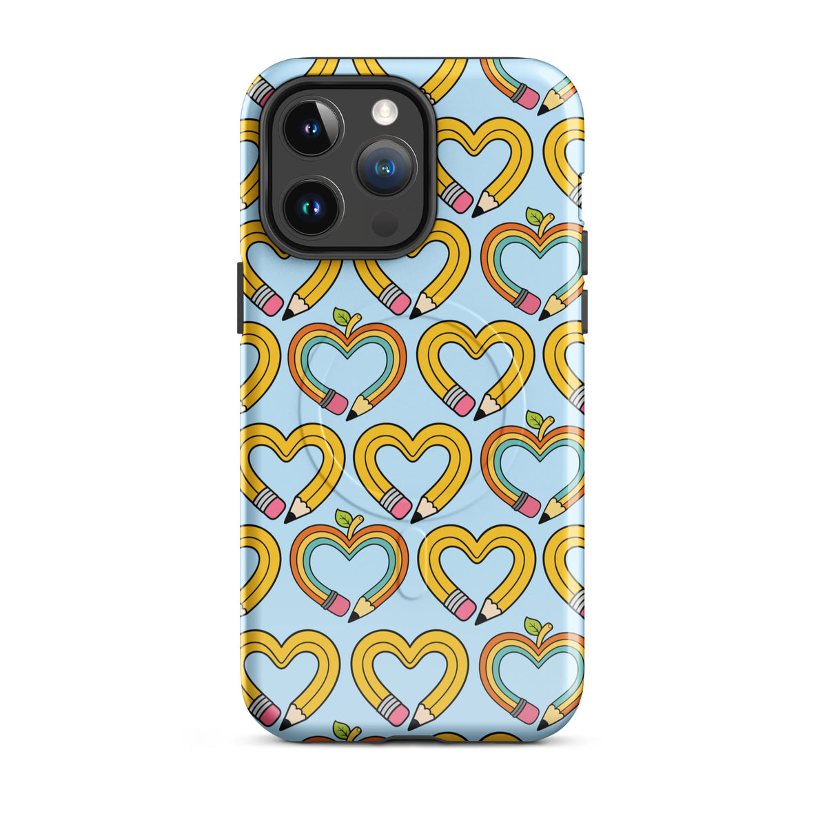 Magnetic Phone Case for iPhone with playful pencil-heart pattern, featuring whimsical heart shapes and green leaf details.