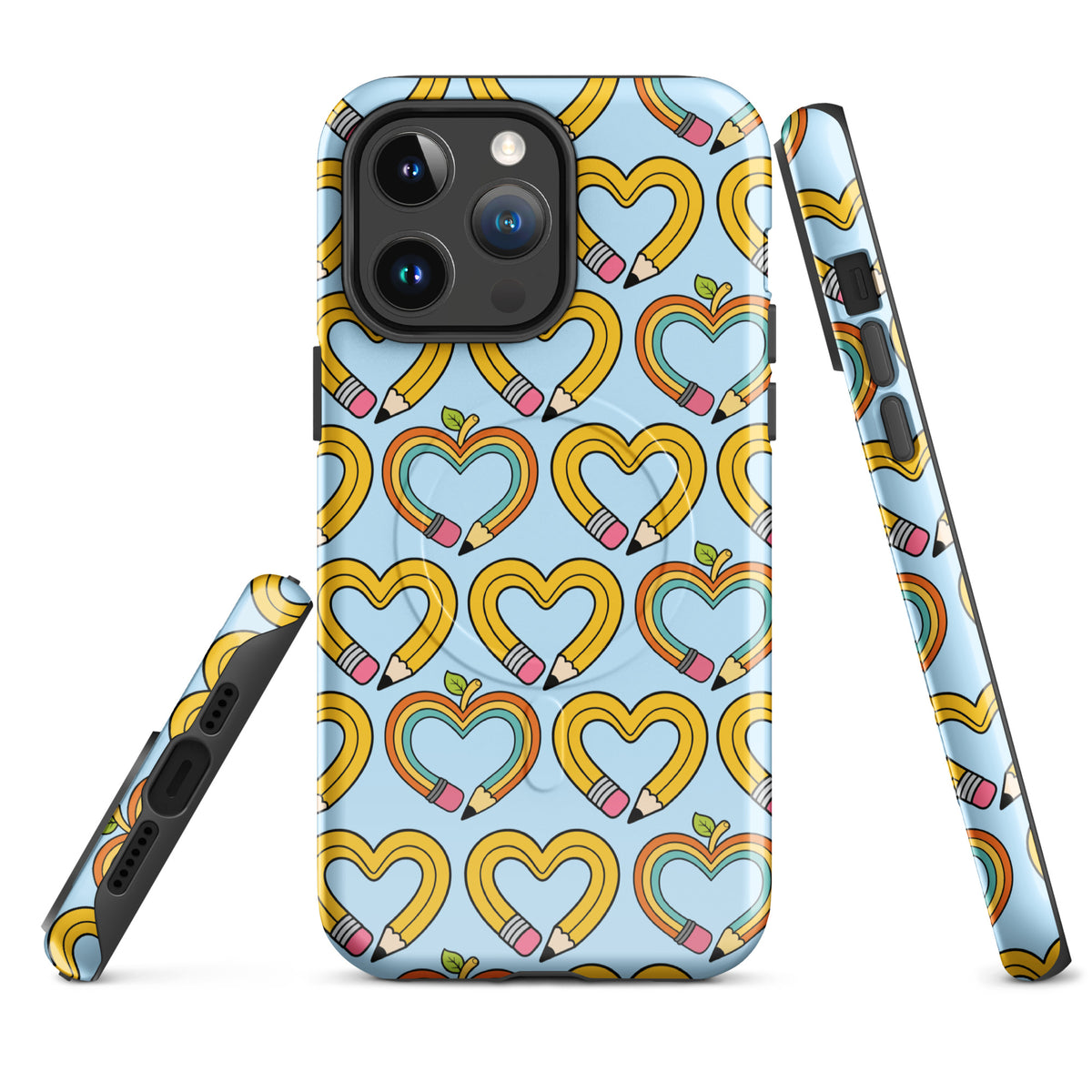 Magnetic Phone Case with pencil-heart pattern for iPhone, featuring whimsical design with green leaves, ideal for back-to-school charm.
