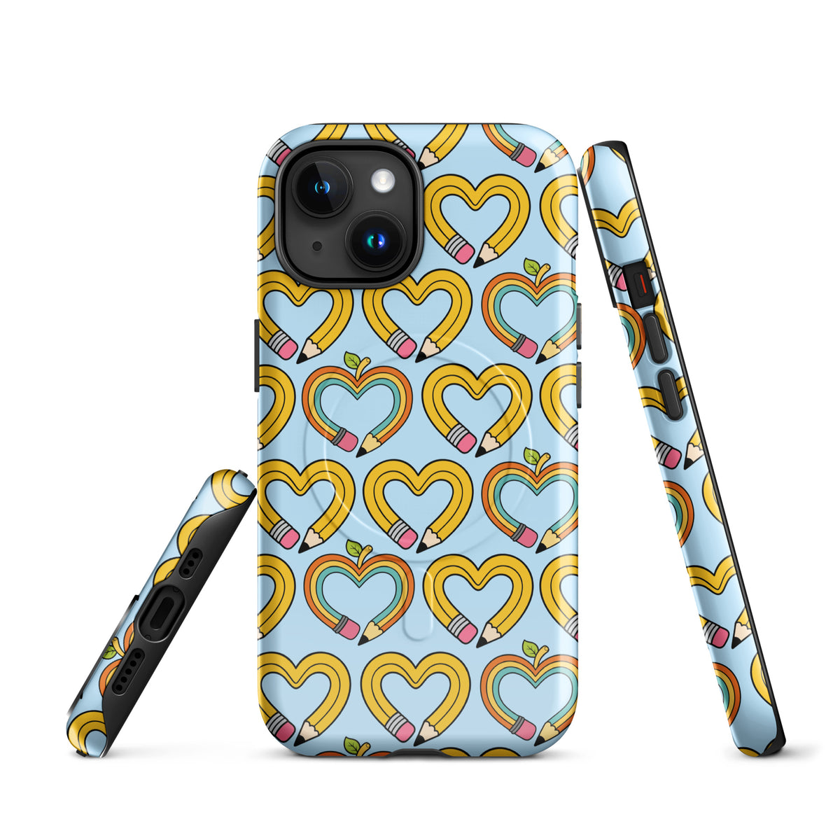 Magnetic Phone Case for iPhone with playful pencil-heart pattern, featuring whimsical design and back-to-school charm