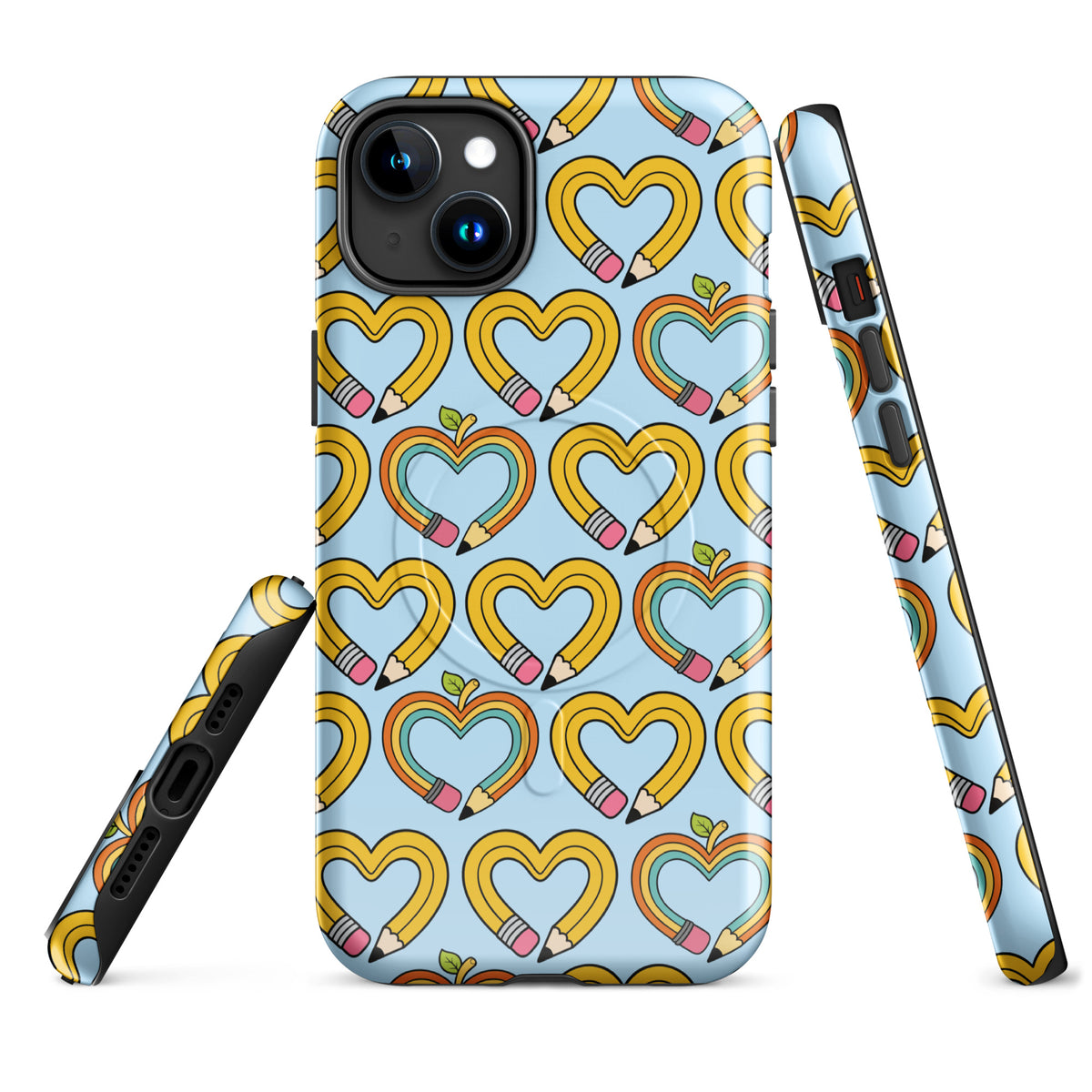 Magnetic Phone Case with pencil-heart pattern and green leaf accents, blending fun and school charm on iPhone case