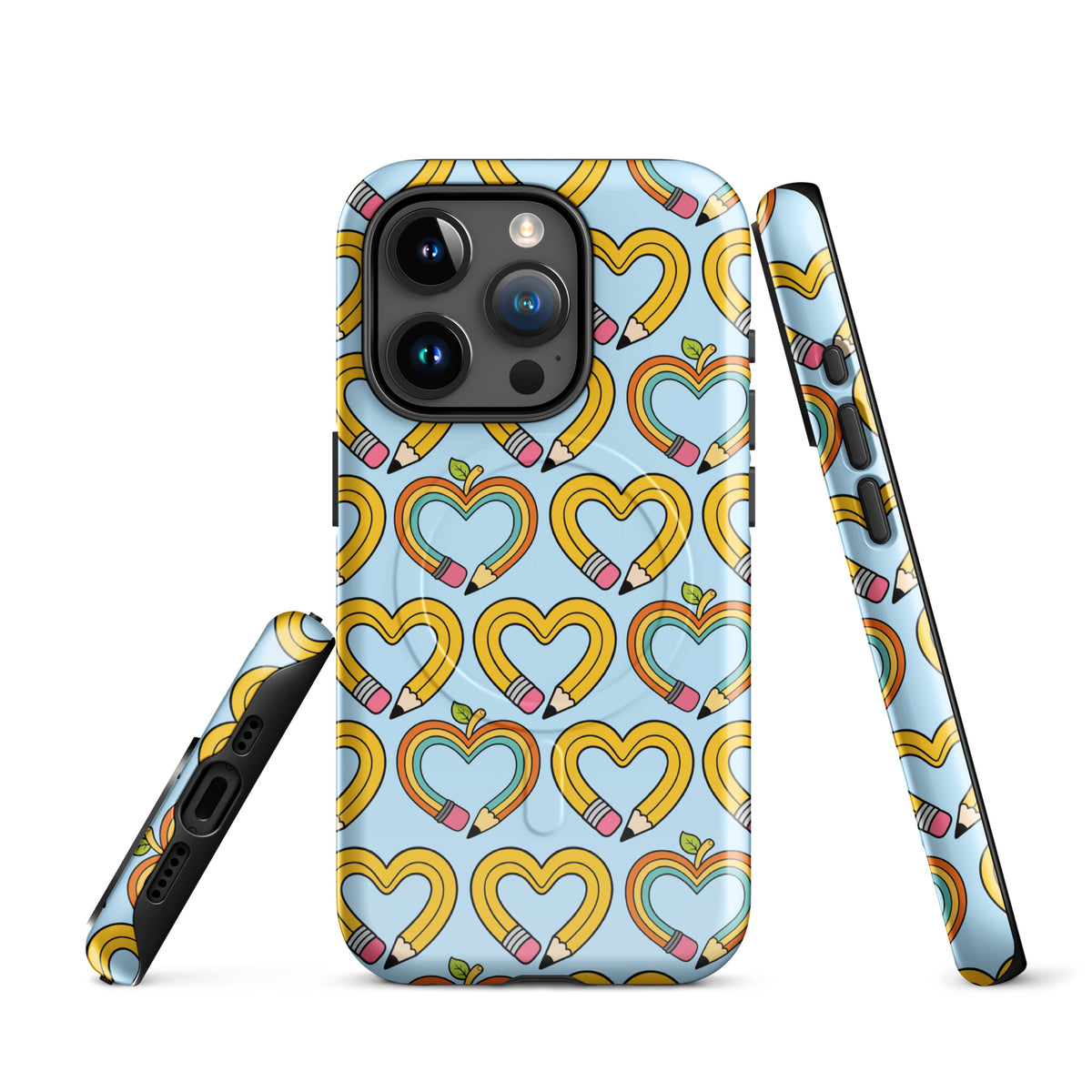 Magnetic Phone Case for iPhone with pencil-heart pattern and green leaves, symbolizing creativity and growth, back-to-school style.