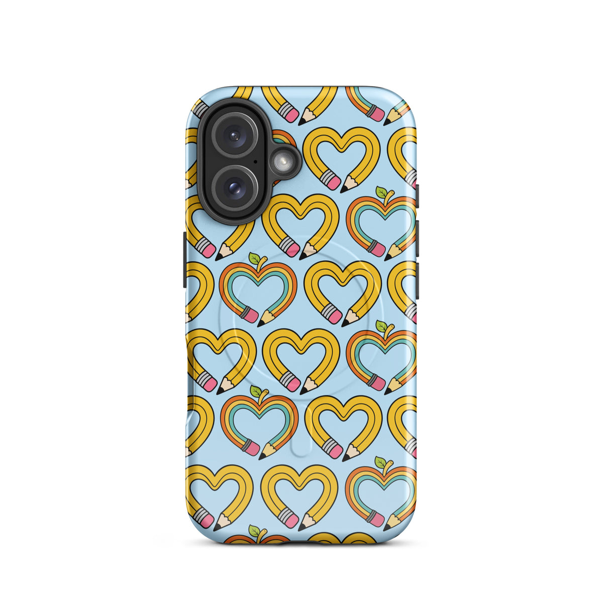 Magnetic Phone Case with playful pencil-heart pattern for iPhone, featuring whimsical designs and vibrant colors.