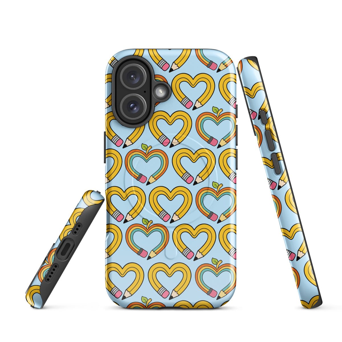 Magnetic Phone Case with playful pencil-heart pattern featuring growth-themed design for iPhone back-to-school charm.