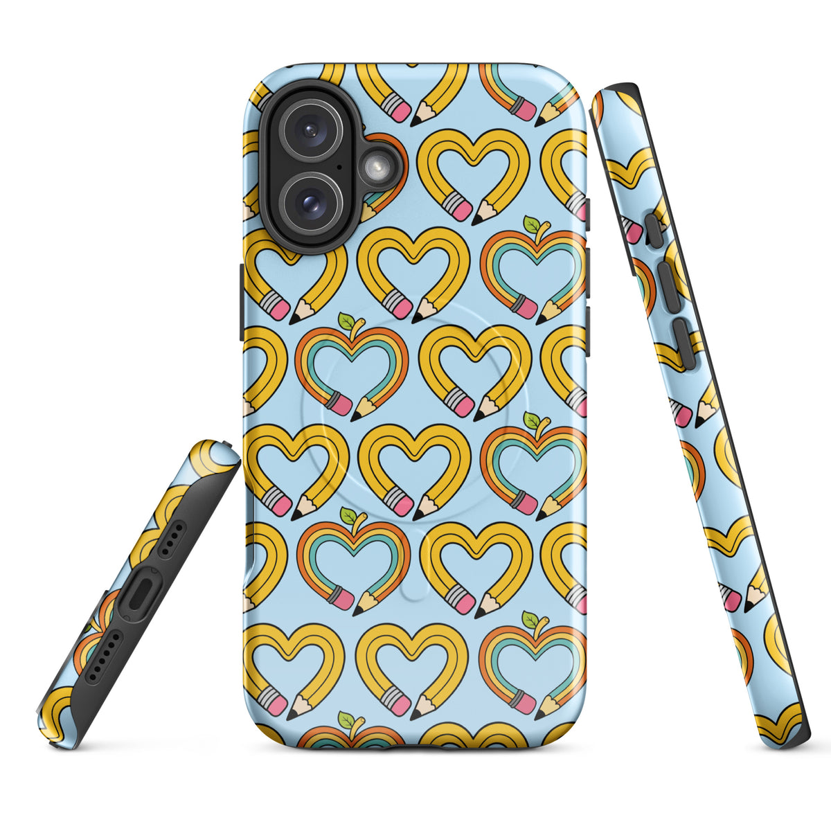 Magnetic Phone Case for iPhone with playful pencil-heart pattern, featuring pencil-shaped hearts and green leaves symbolizing growth.