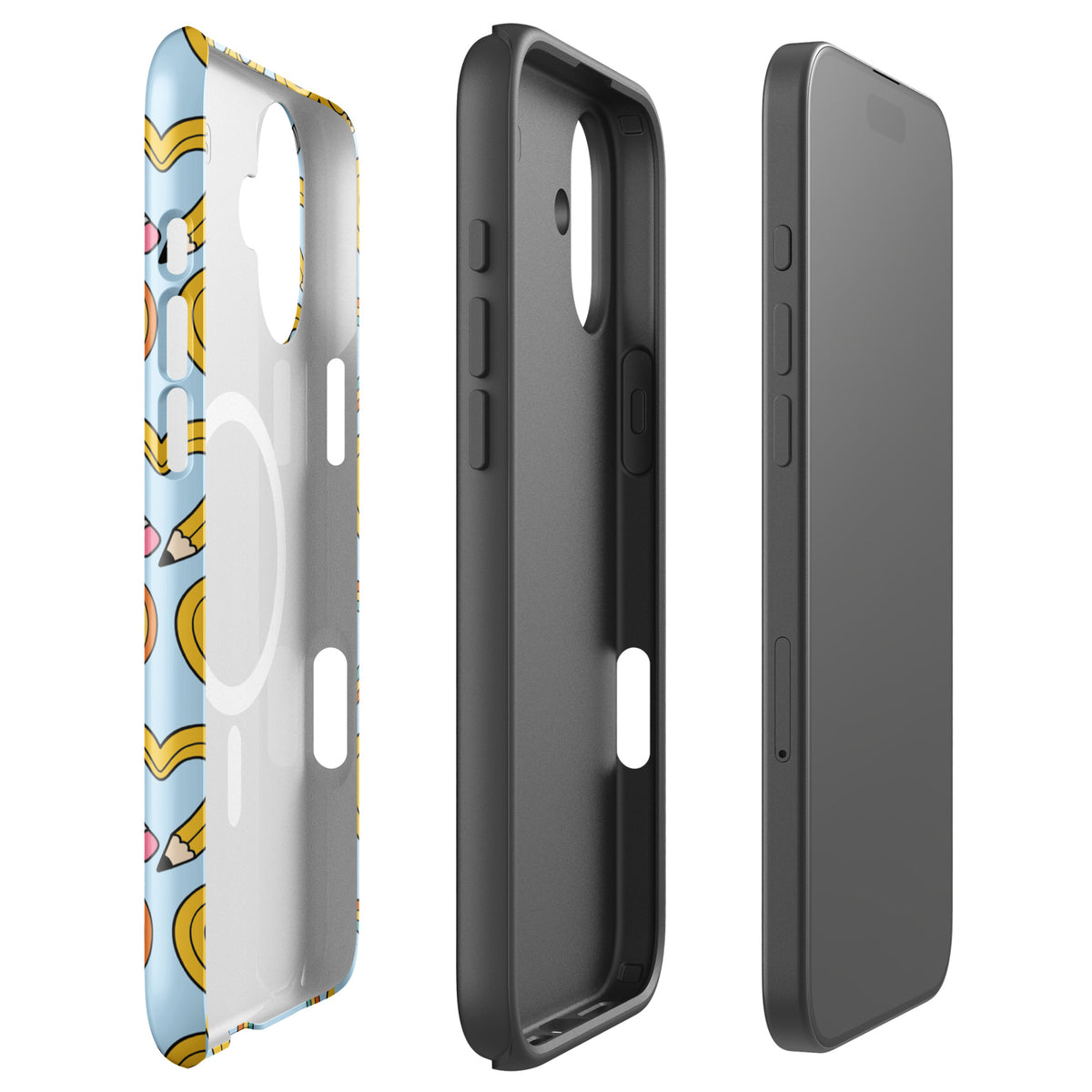 Magnetic Phone Case for iPhone with playful pencil-heart pattern and vibrant colors, featuring pencil-shaped hearts with green leaves.