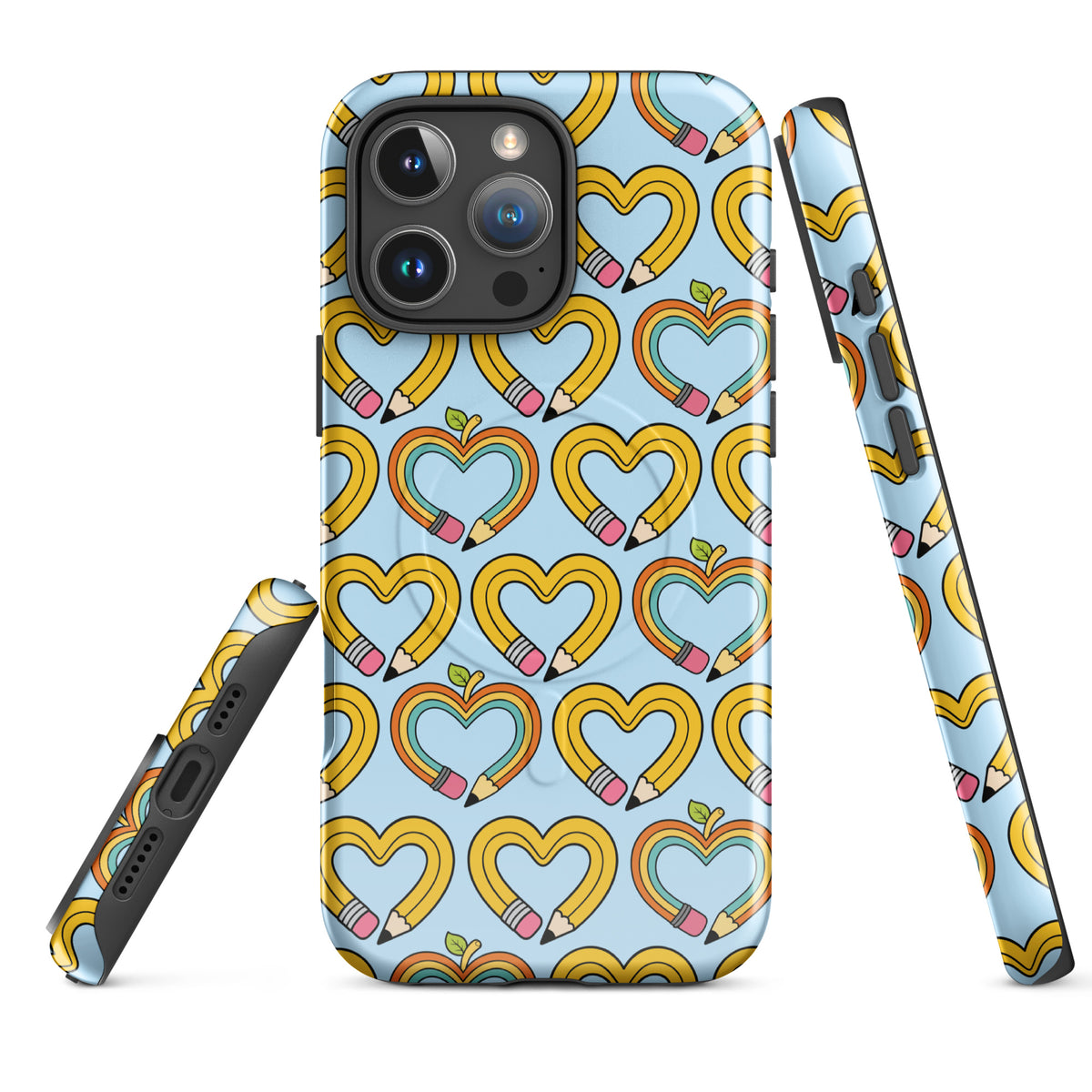 Magnetic Phone Case for iPhone with playful pencil-heart pattern and tiny green leaves, symbolizing creativity and growth.