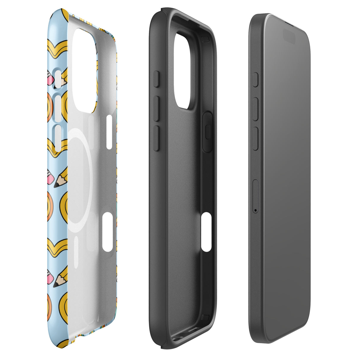 Magnetic Phone Case for iPhone with playful pencil-heart pattern, pencils forming hearts with leaves, symbolizing creativity and growth.