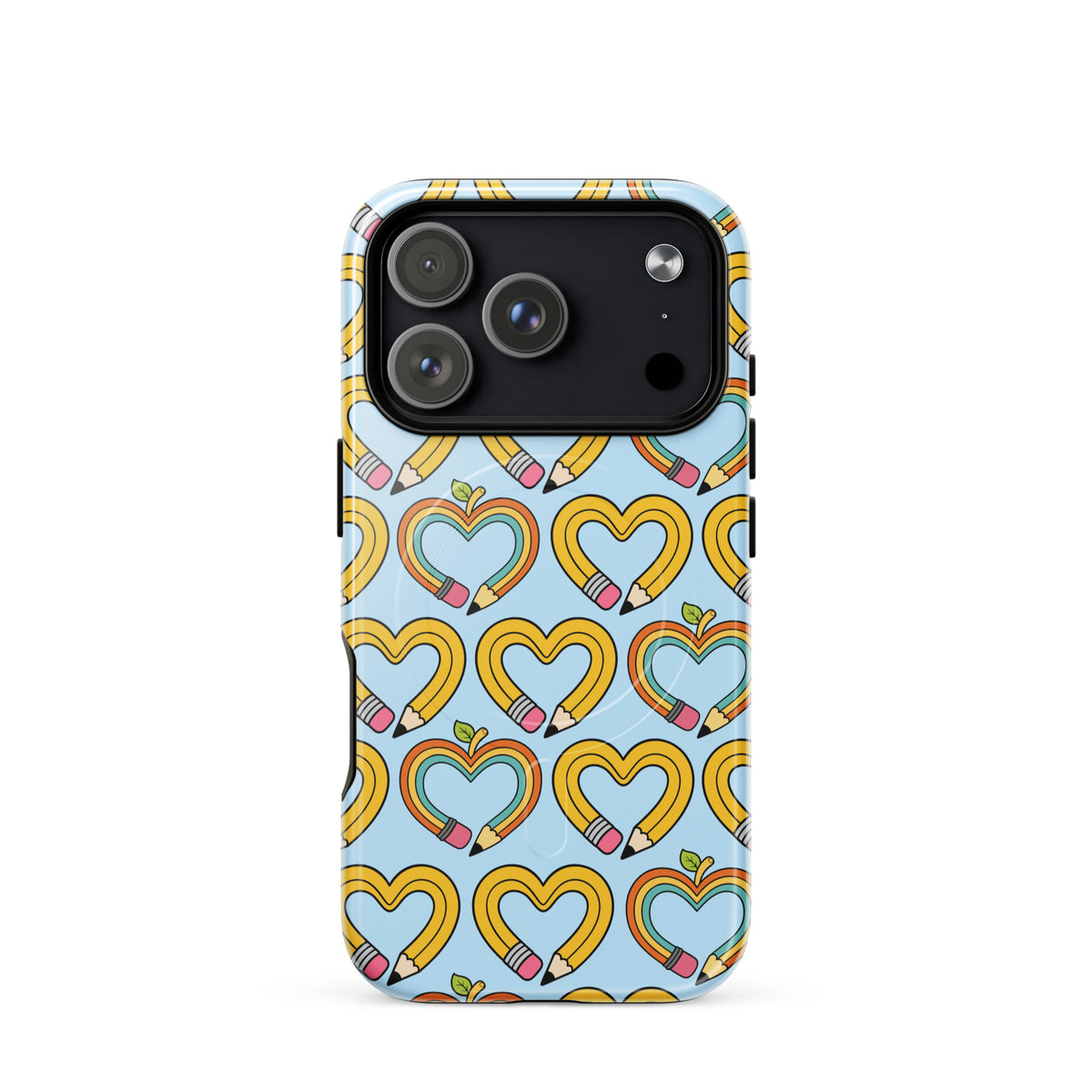 Magnetic Phone Case featuring a playful pencil-heart pattern with green leaves, perfect for back-to-school creativity and style on iPhone.