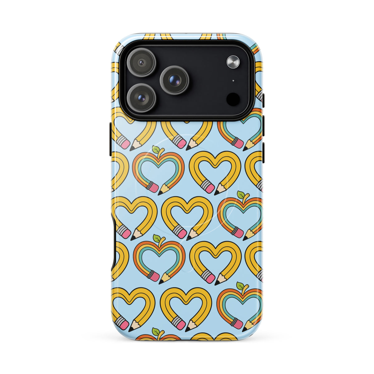 Magnetic Phone Case with playful pencil-heart pattern, featuring pencil-shaped hearts and green leaves, for iPhone charm and creativity.