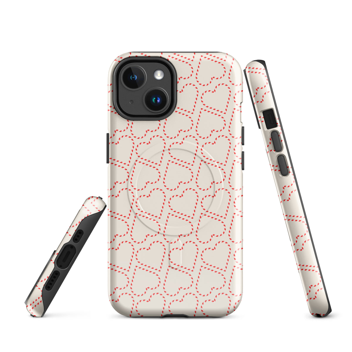 Magnetic Phone Case for iPhone with festive candy cane heart pattern, red and white stripes, holiday design, cheerful and seasonal vibes