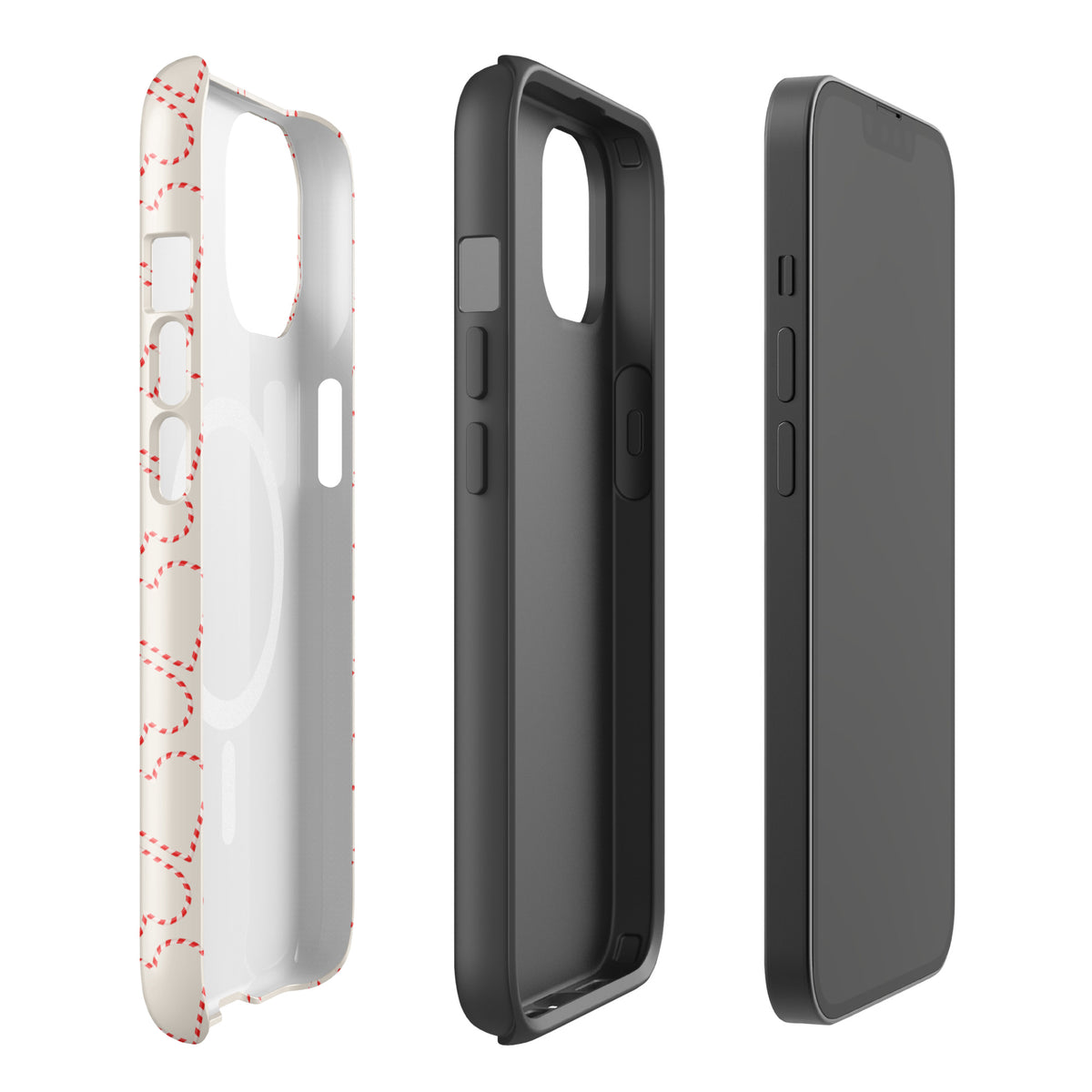 Magnetic Phone Case for iPhone with holiday candy cane heart pattern design, featuring festive red and white stripes, cozy seasonal vibes.