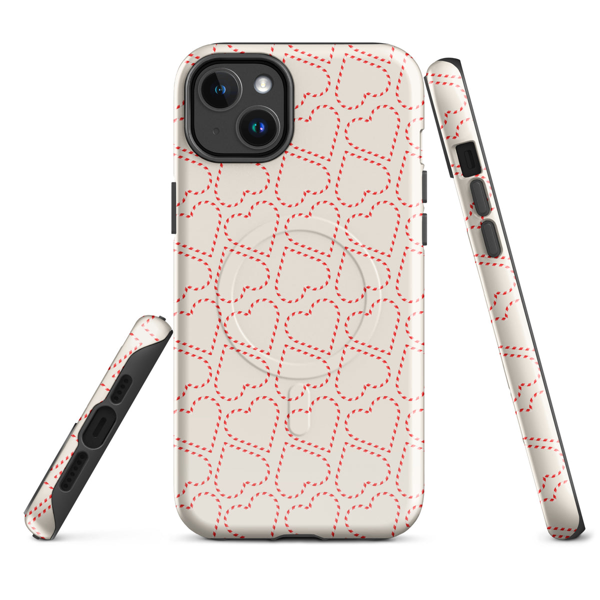 Magnetic Phone Case for iPhone featuring holiday candy cane heart pattern, perfect for festive occasions and winter celebrations.