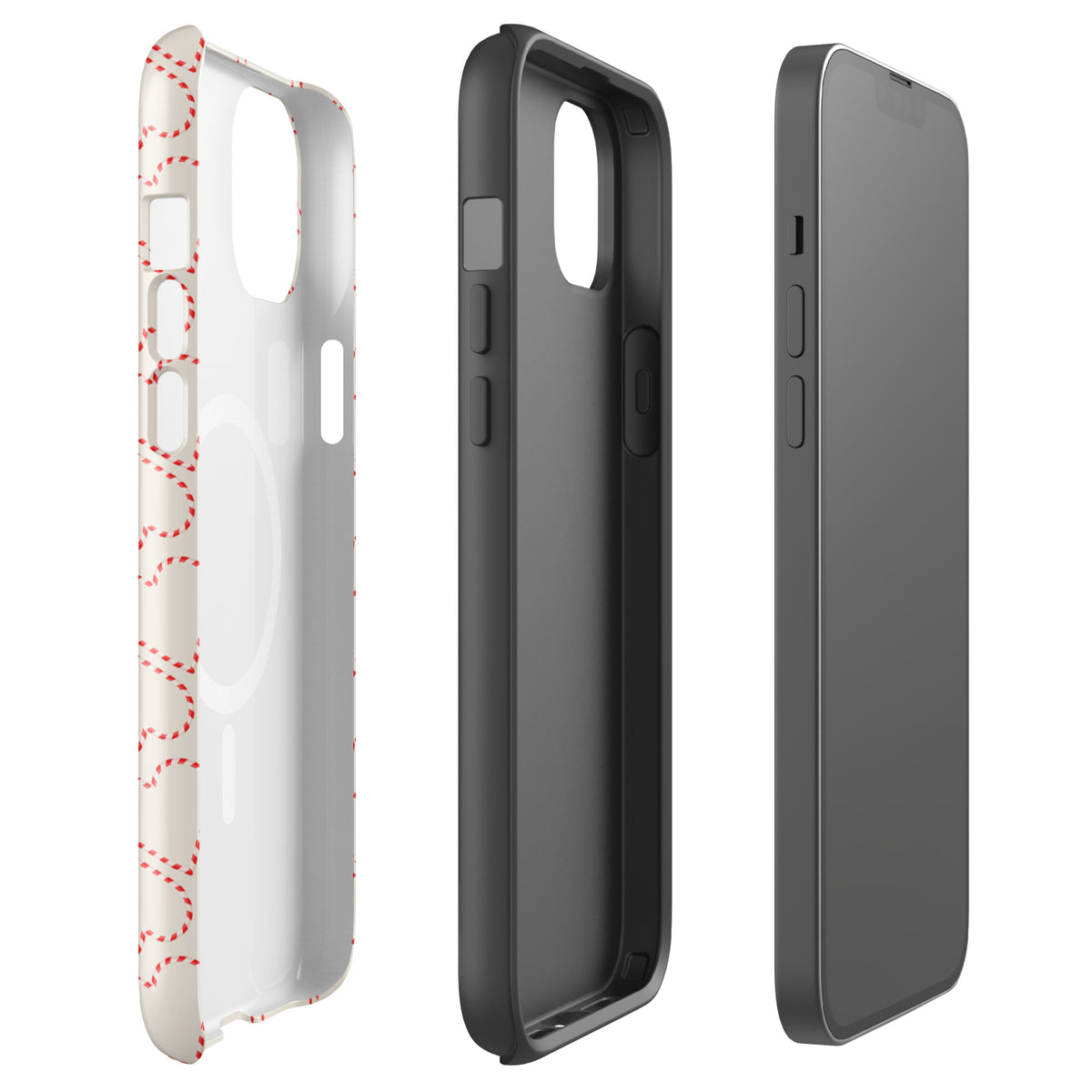 Magnetic Phone Case for iPhone with holiday candy cane heart pattern, festive and cozy design in red and white, perfect for winter celebrations.