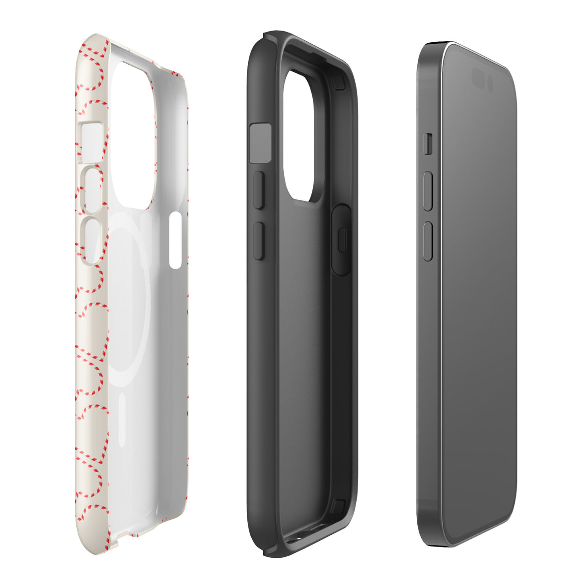 Magnetic Phone Case with holiday candy cane heart pattern for iPhone, featuring festive red and white stripes, ideal for winter celebrations.