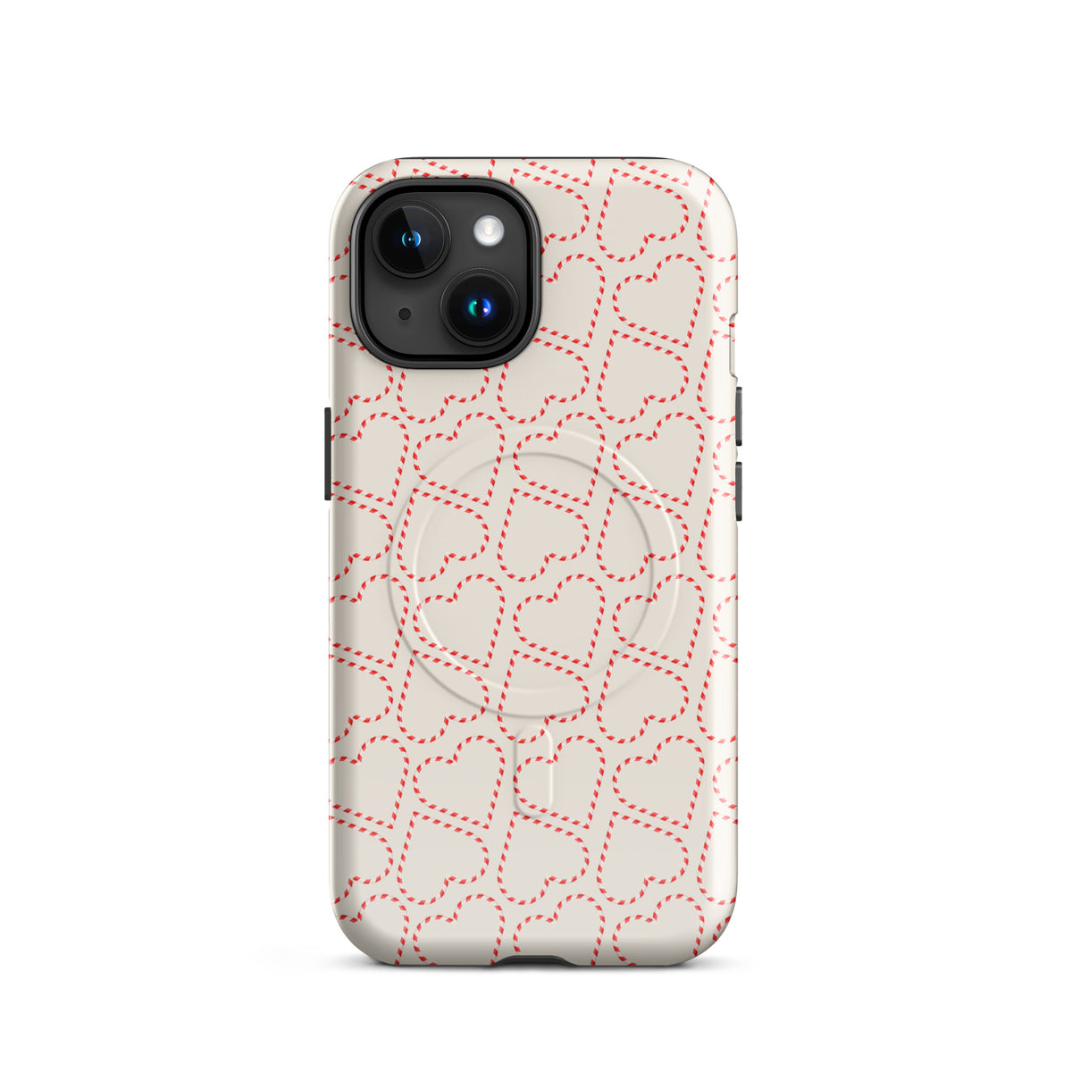 Magnetic Phone Case for iPhone with candy cane heart pattern, perfect for holiday vibes and winter celebrations.