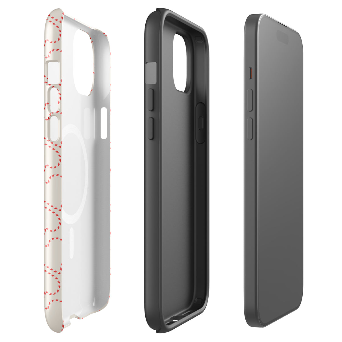 Magnetic Phone Case for iPhone with candy cane heart pattern, perfect for winter and holidays.