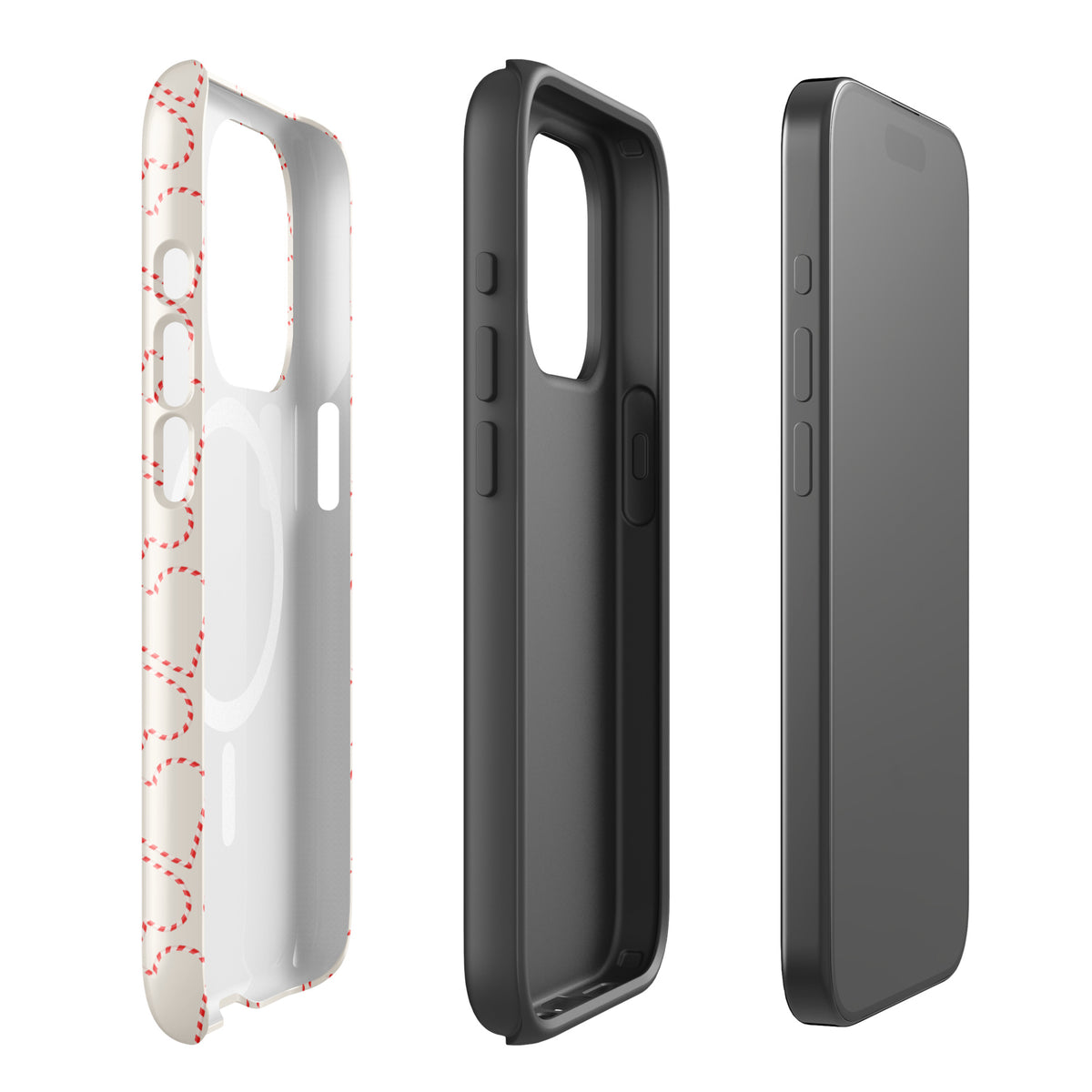 Magnetic Phone Case for iPhone with Holiday Candy Cane Heart Pattern, featuring festive red and white stripes, winter-ready design.