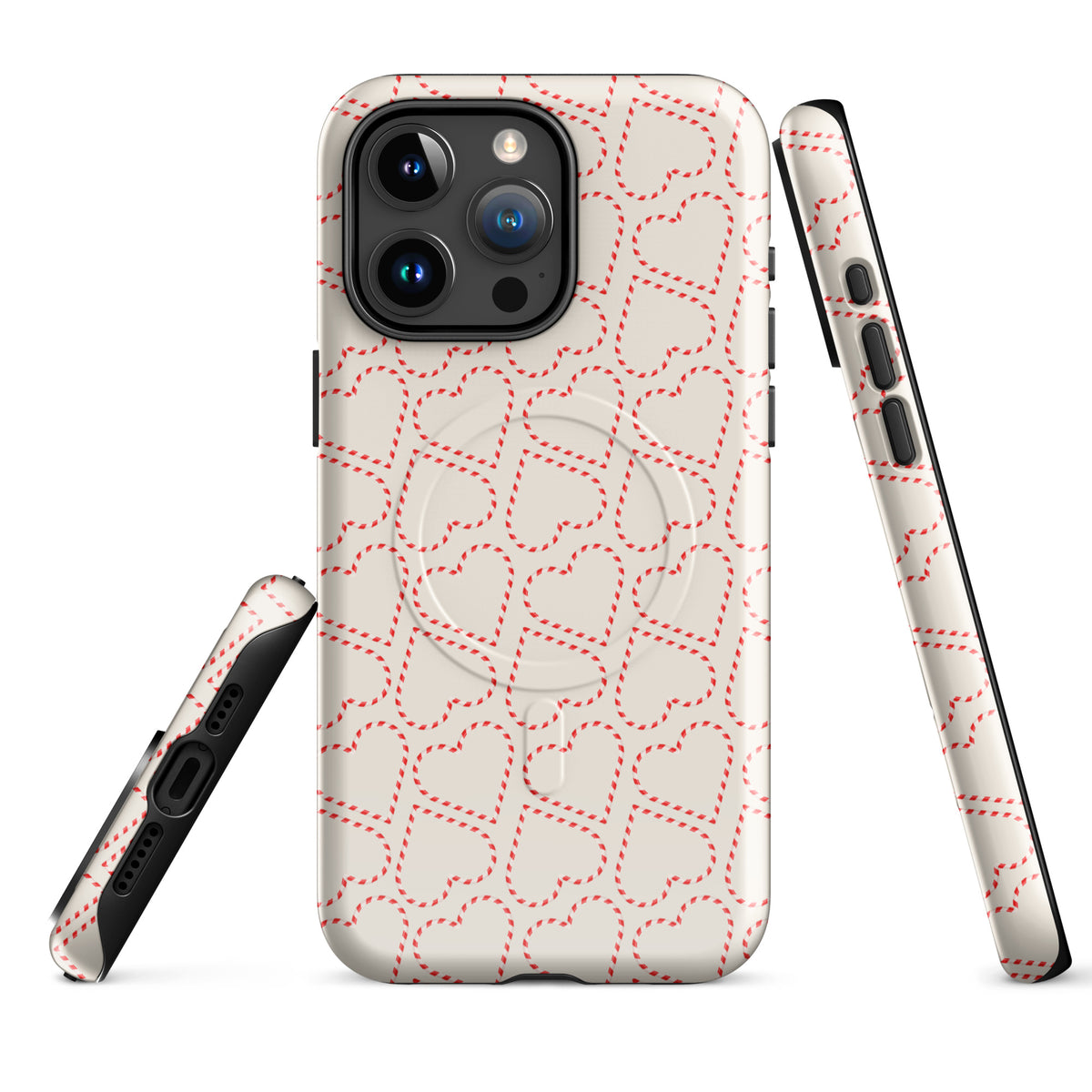 Magnetic Phone Case for iPhone with holiday candy cane heart pattern, festive red and white stripes, cozy winter design