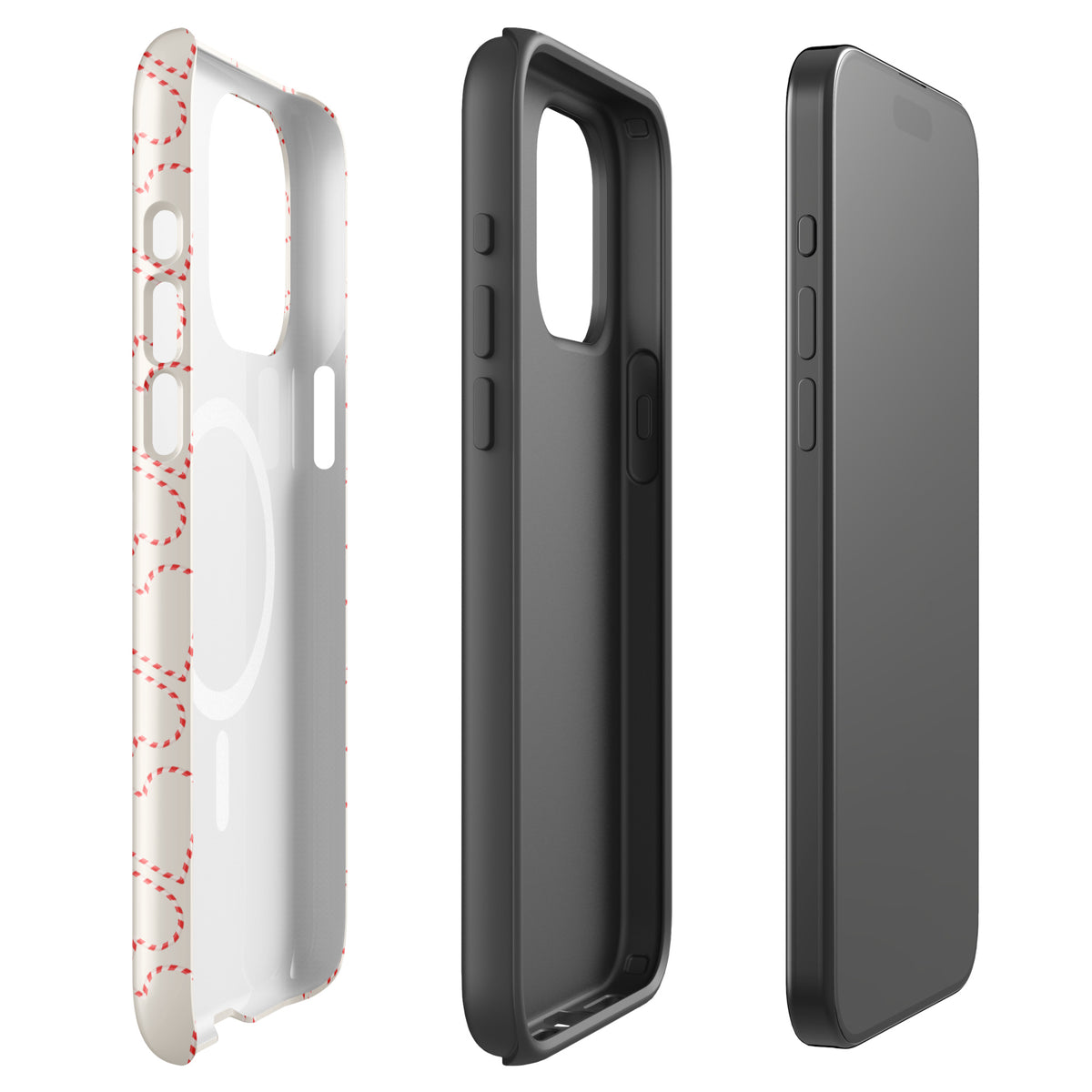 Magnetic Phone Case for iPhone with holiday candy cane heart pattern, festive red and white design for winter celebrations.