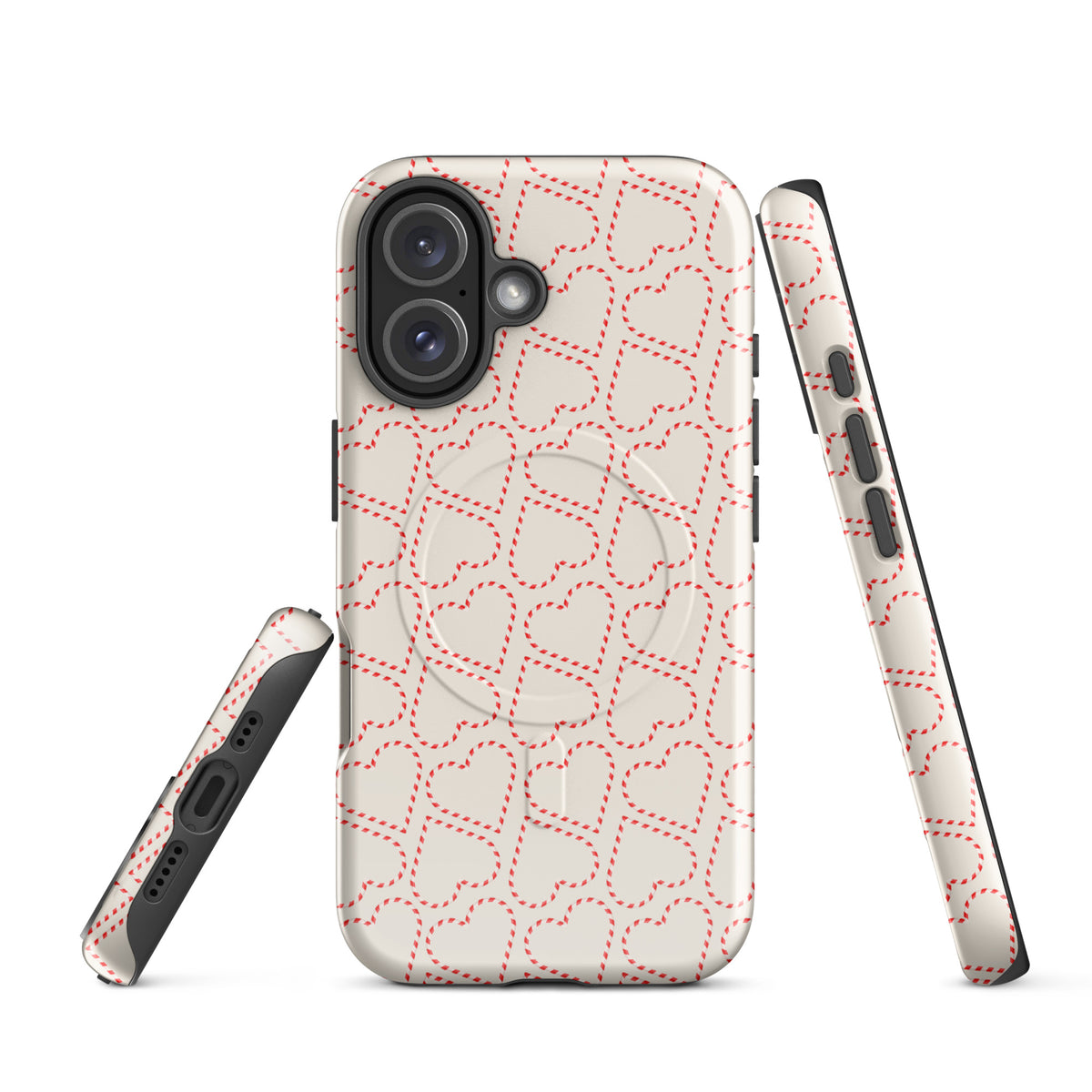 Magnetic Phone Case for iPhone with candy cane heart pattern, perfect for holiday and festive seasons.