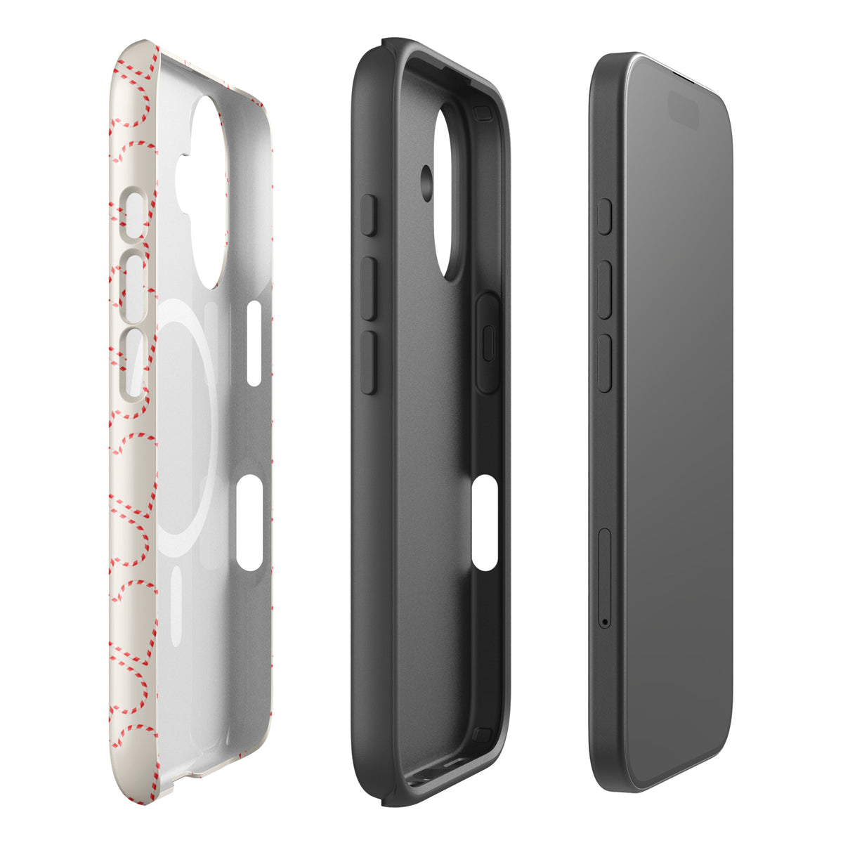 Magnetic Phone Case for iPhone with candy cane heart pattern, featuring festive red and white design, shown in three views.