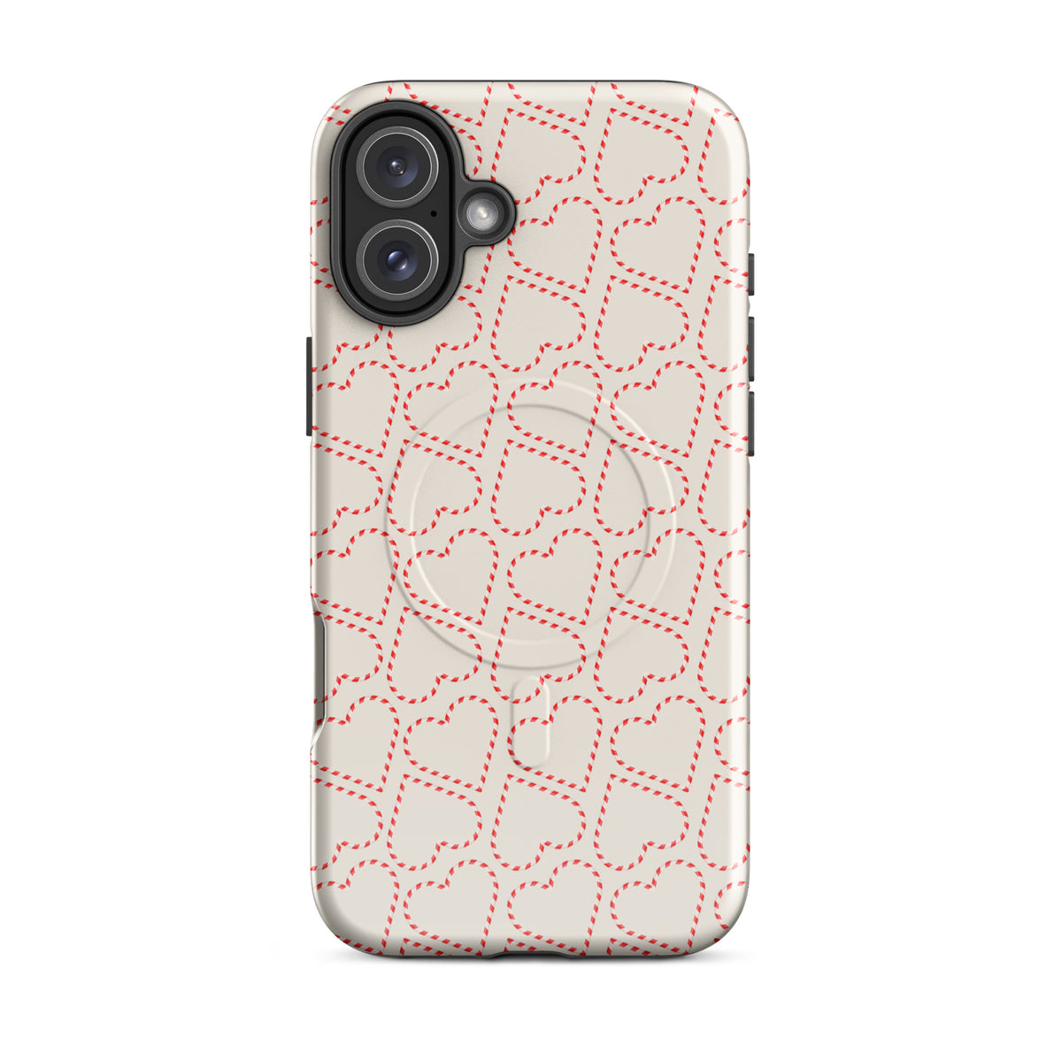 Magnetic Phone Case with candy cane heart pattern for iPhone, festive red and white design, ideal for holiday celebrations, cozy winter vibes.