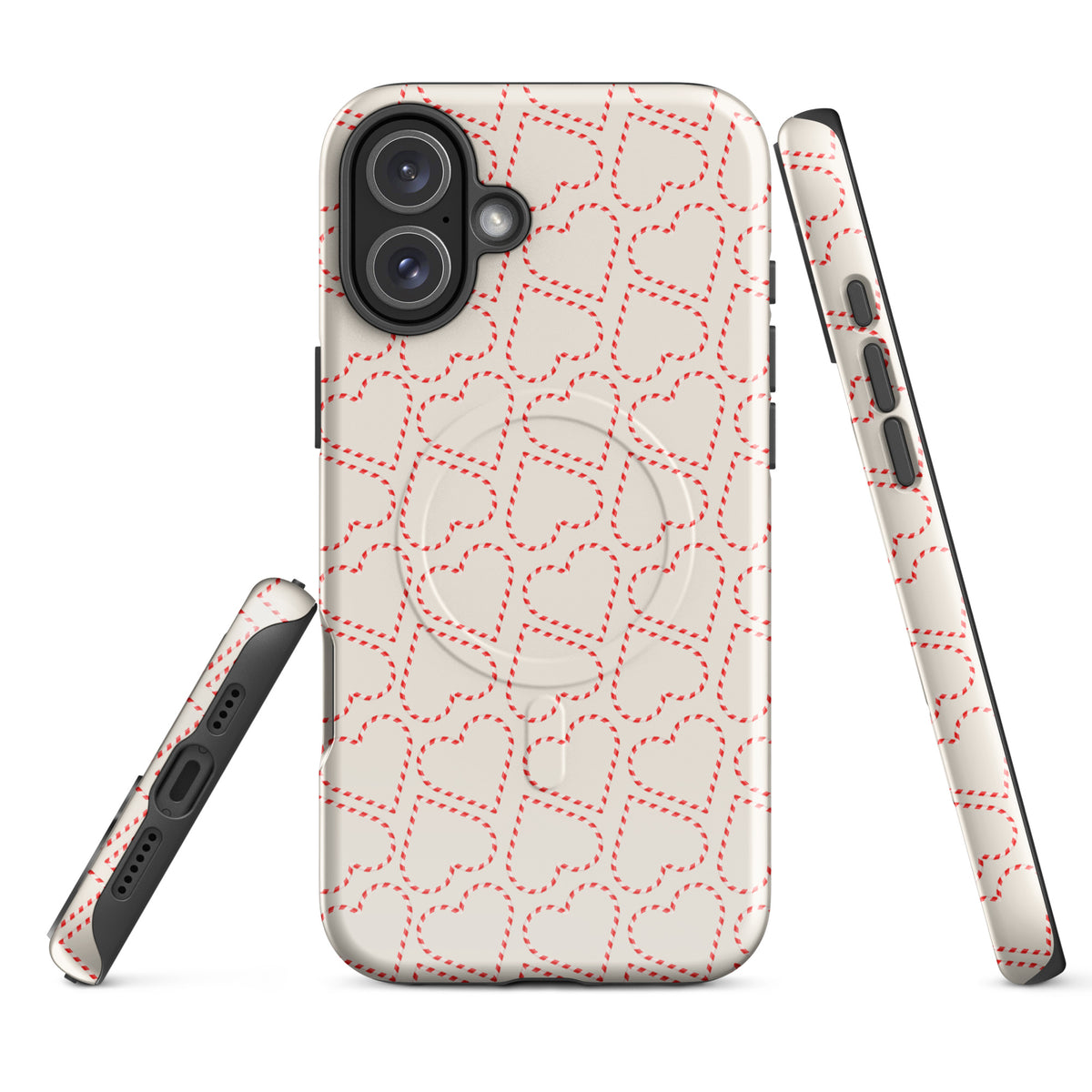 Magnetic Phone Case for iPhone with festive candy cane heart pattern, perfect for holiday celebrations and seasonal style.