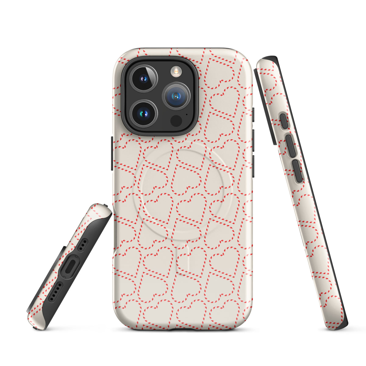 Magnetic Phone Case for iPhone with holiday candy cane heart pattern, red and white striped festive design.