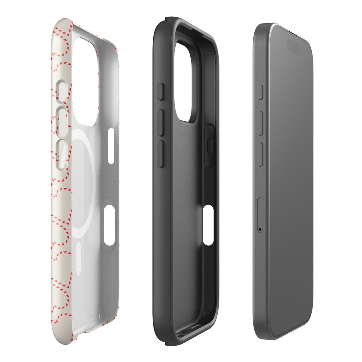 Magnetic Phone Case for iPhone with holiday candy cane heart pattern, featuring a cozy red and white striped design for festive flair.