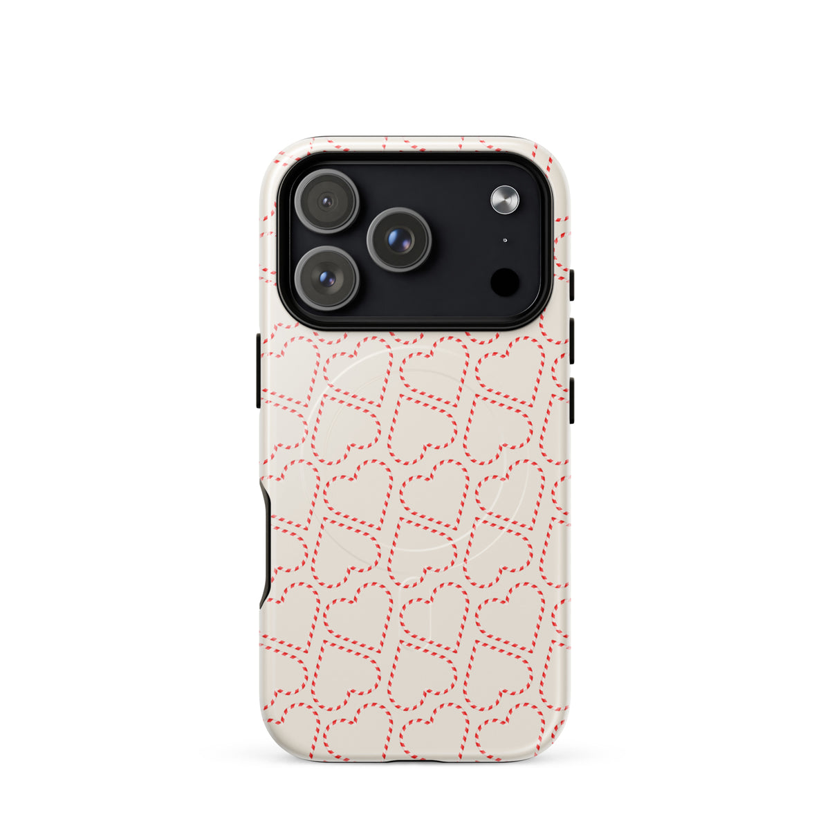 Magnetic Phone Case with candy cane heart pattern for iPhone, festive red and white stripe design, holiday phone cover.