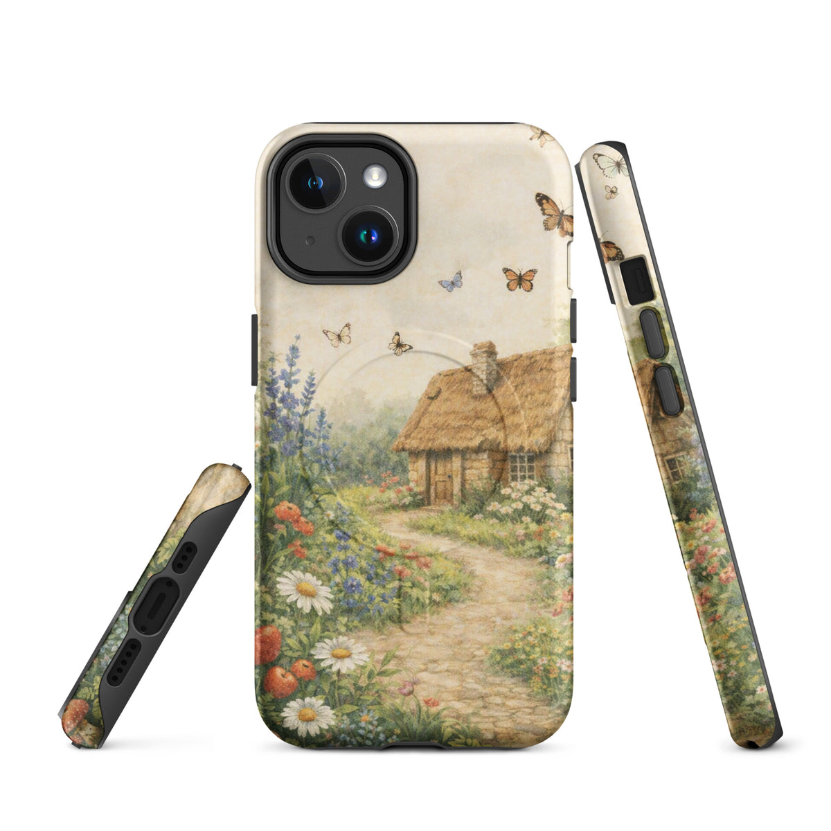 Magnetic Phone Case for iPhone featuring cottage garden art with thatched-roof stone cottage and floral design.